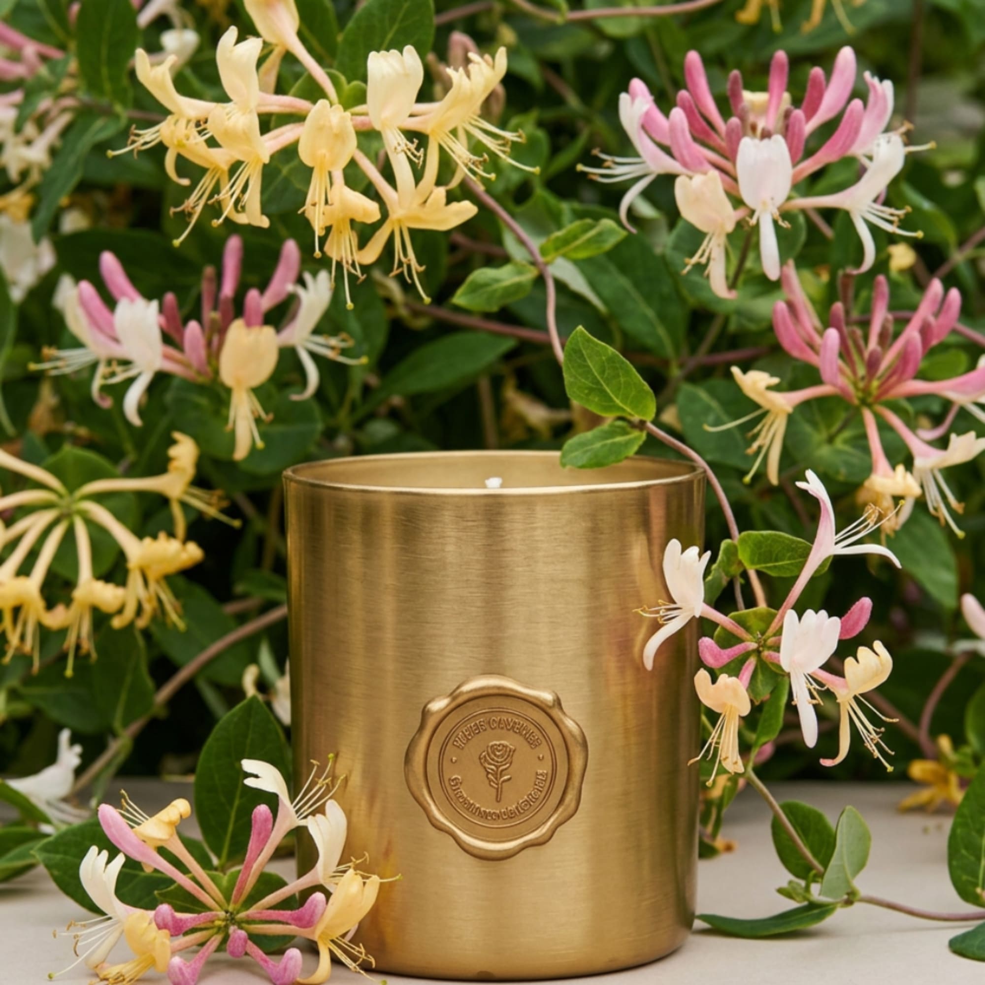 Gold candle jar surrounded by pink and cream honeysuckle flowers
