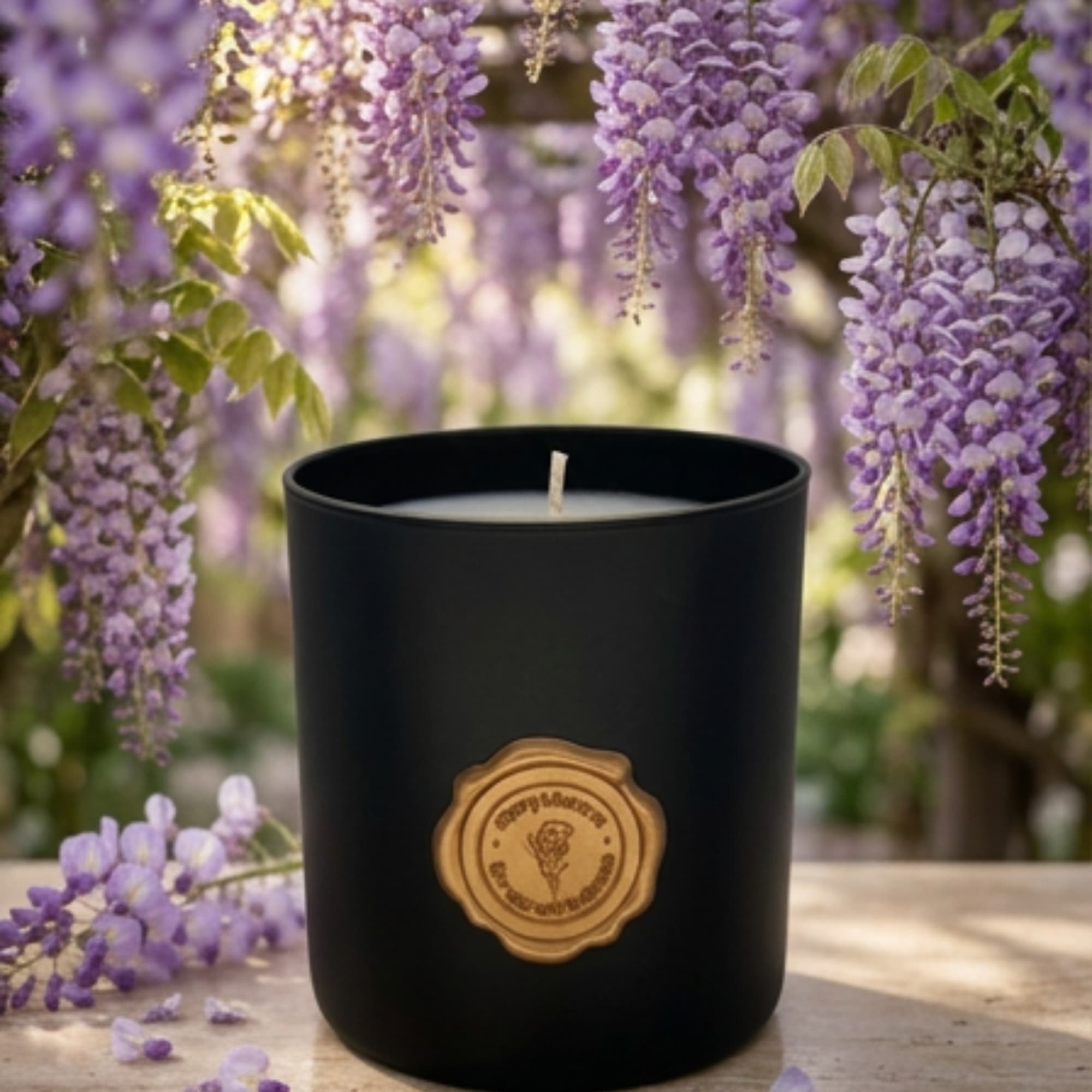 Black candle in a matte container with purple wisteria flowers in the background