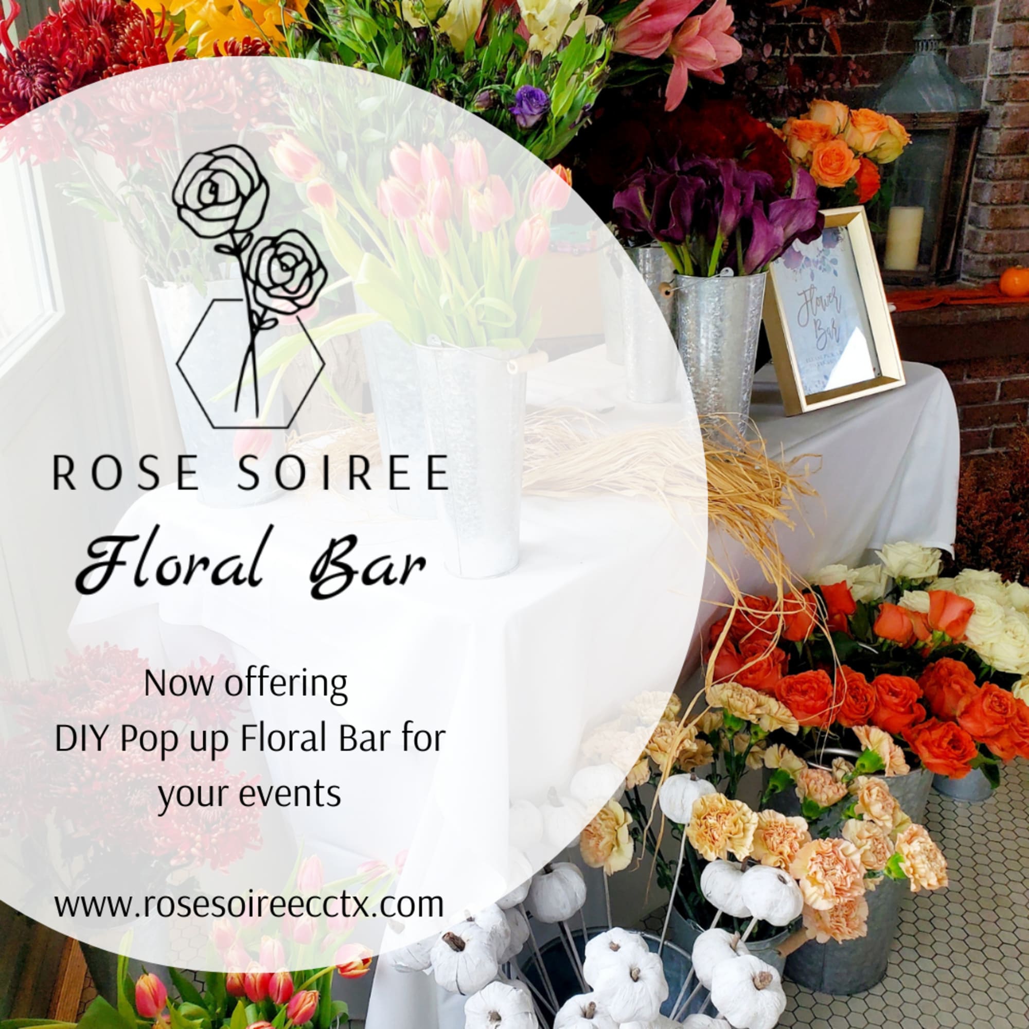 Floral bar display with assorted bouquets in metal buckets and pumpkins