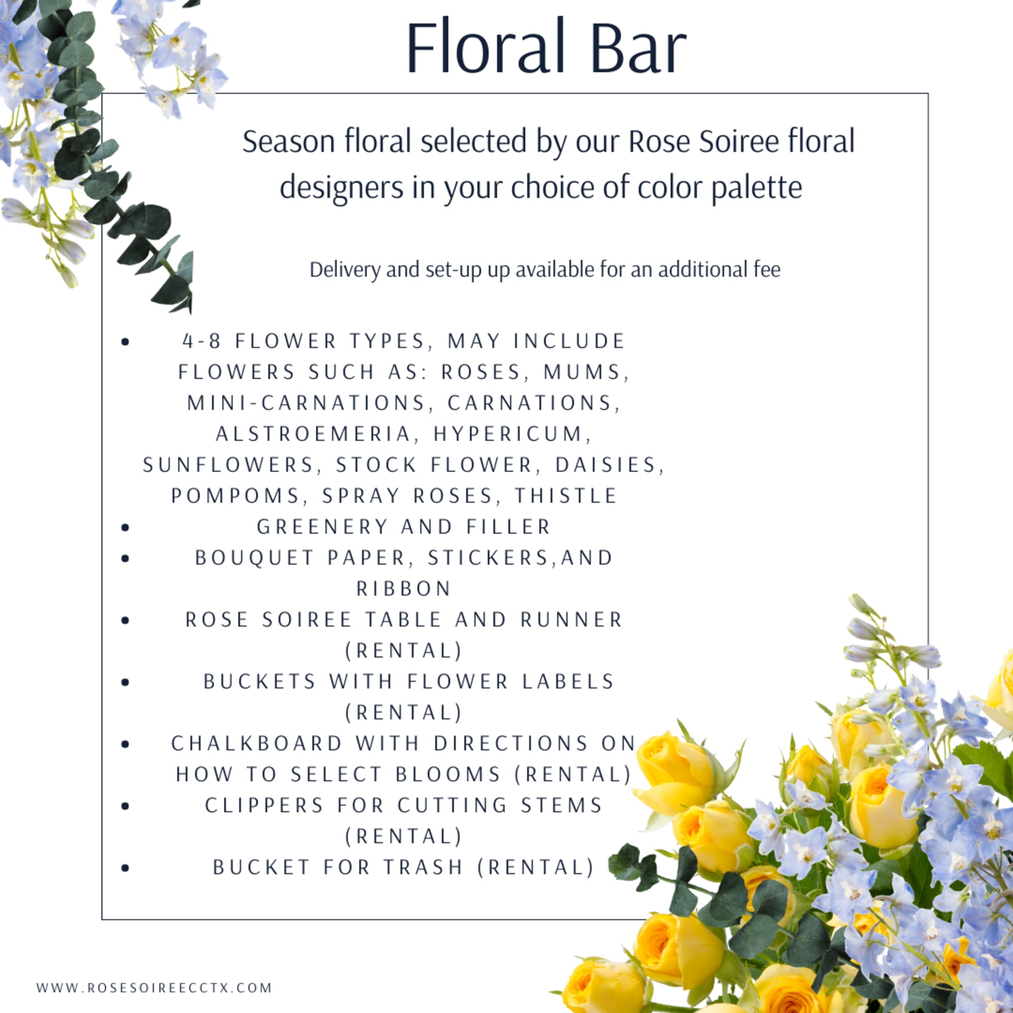 Floral bar sign with yellow roses and blue flowers in the corners