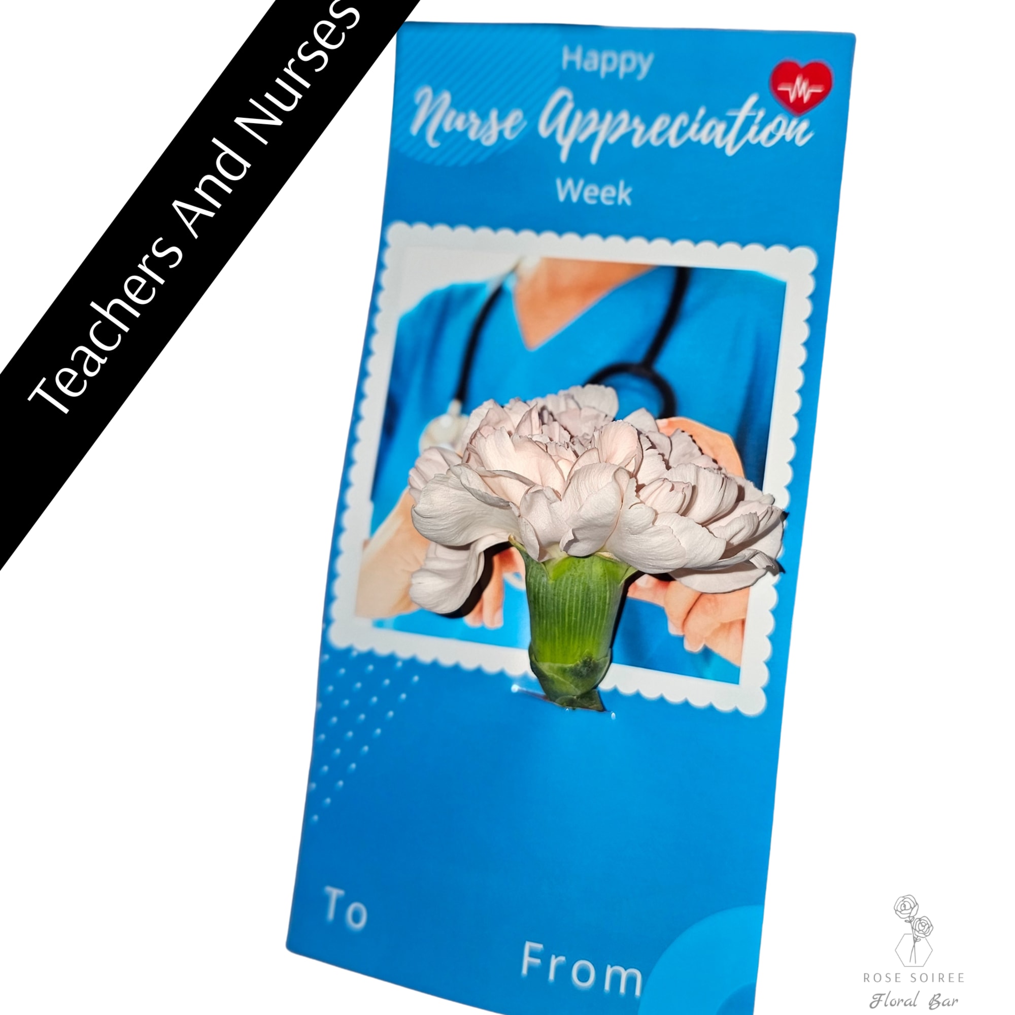A personalized 4x8 card with a carnation in a water tube. Great