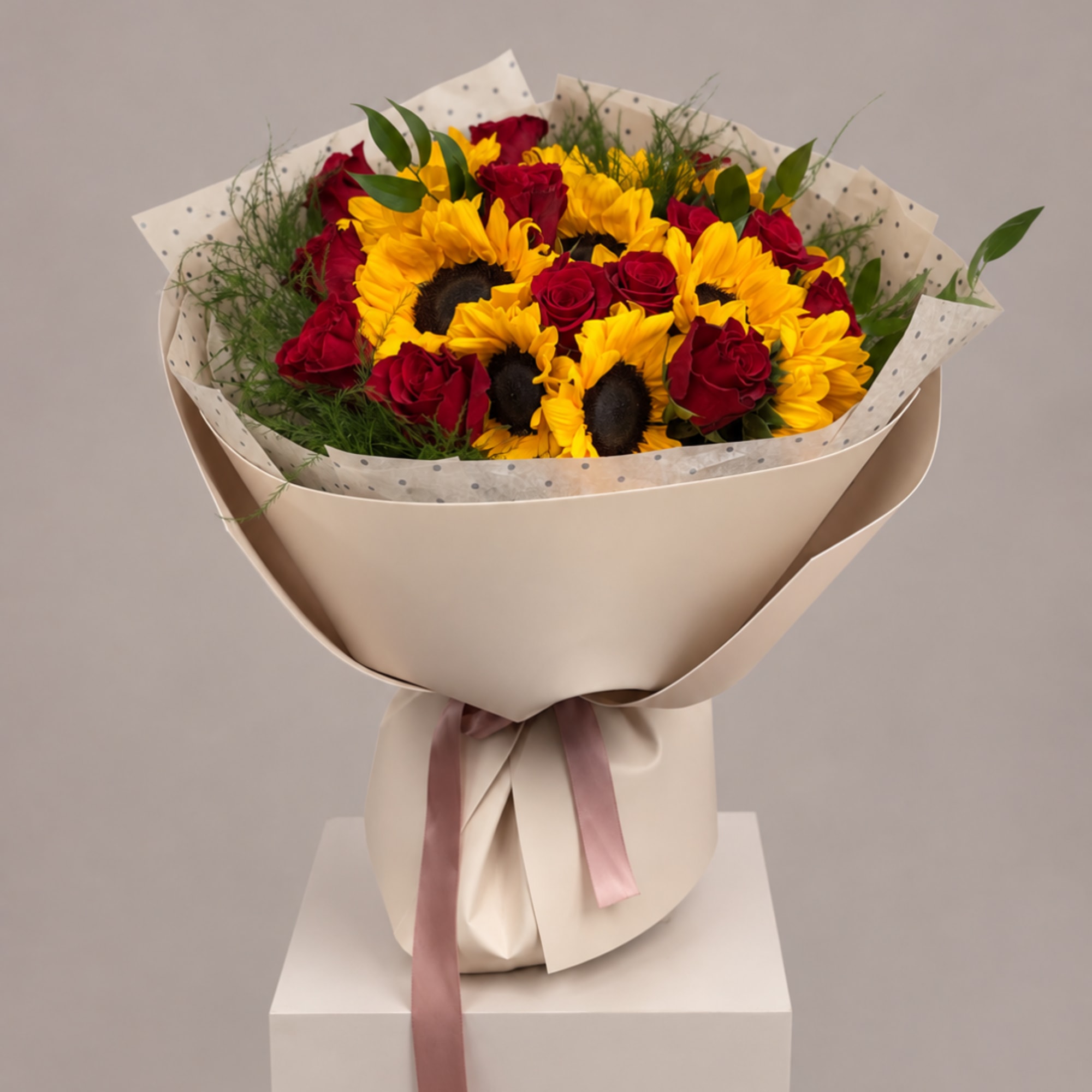 Bouquet of red roses and yellow sunflowers wrapped in cream paper