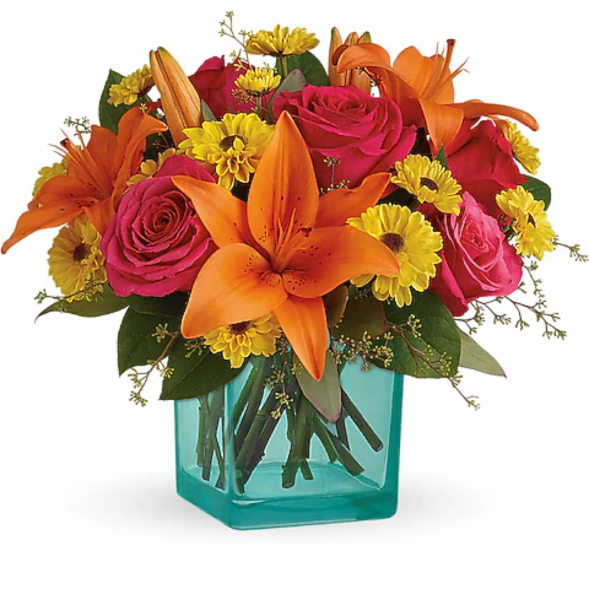 Bouquet of orange lilies, pink roses, and yellow daisies in a turquoise vase
