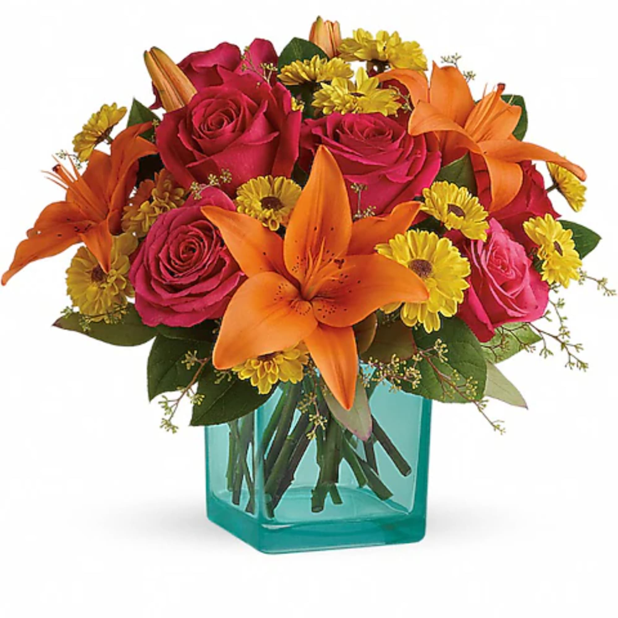 Bouquet of pink roses, orange lilies, and yellow daisies in a blue glass vase