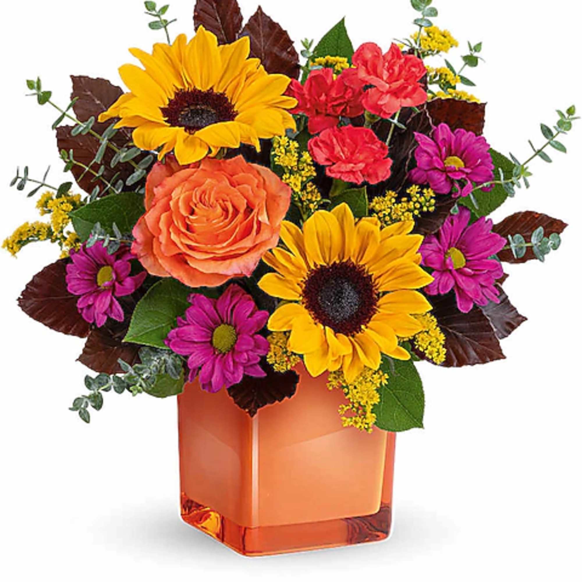 Bouquet of sunflowers, roses, and purple daisies in an orange vase