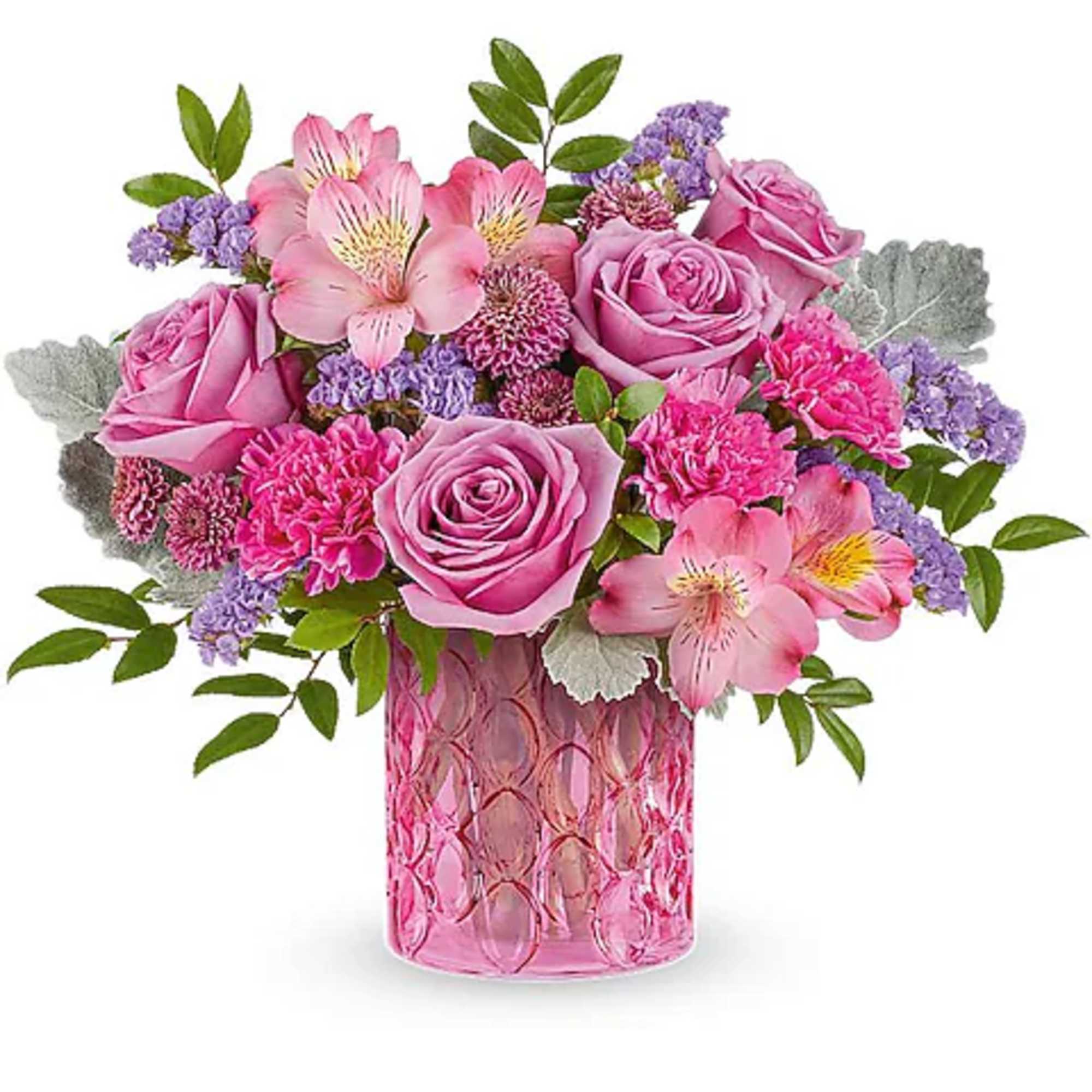 Pink roses and alstroemeria in a pink glass vase
