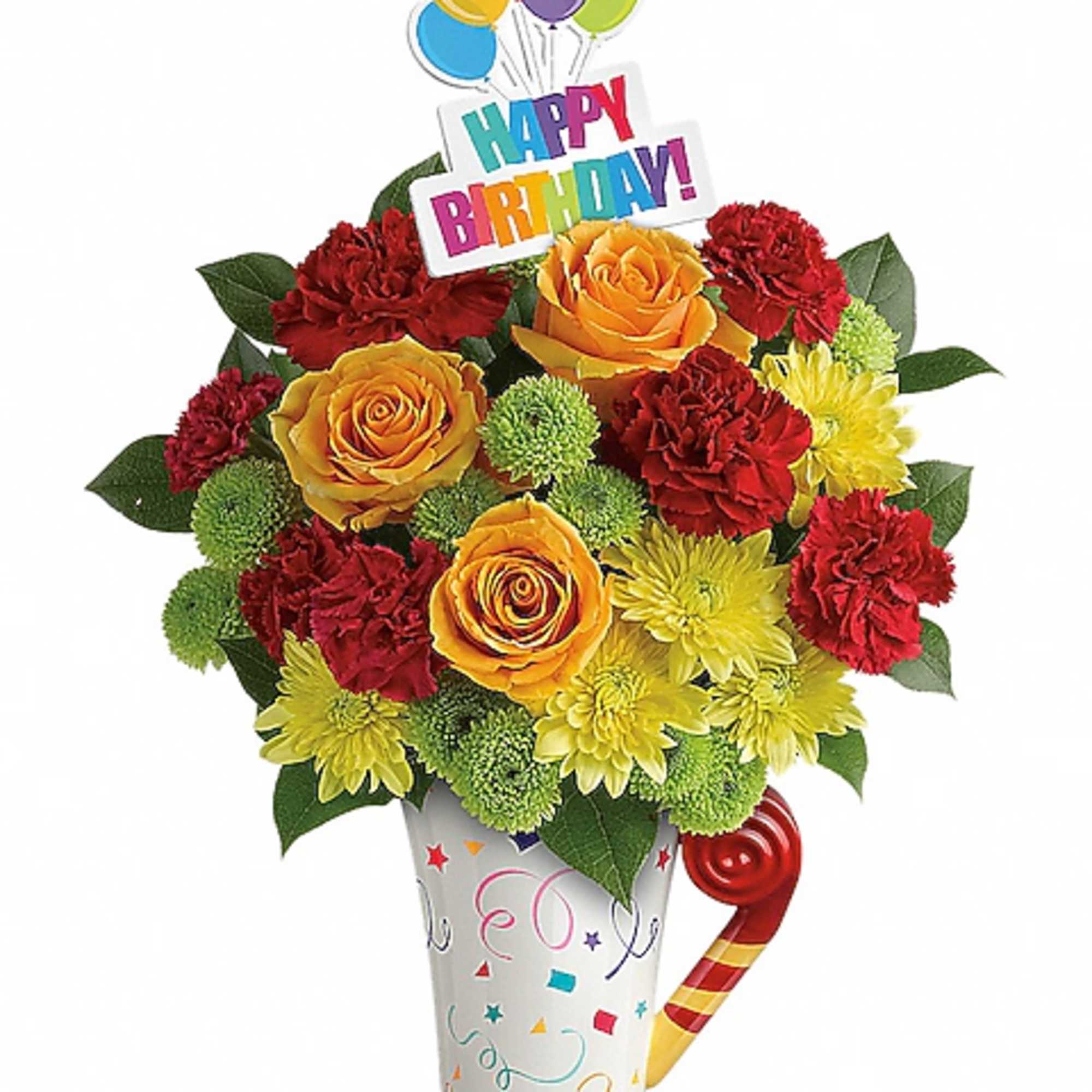 Birthday bouquet with roses, carnations, and a Happy Birthday topper in a decorated cup