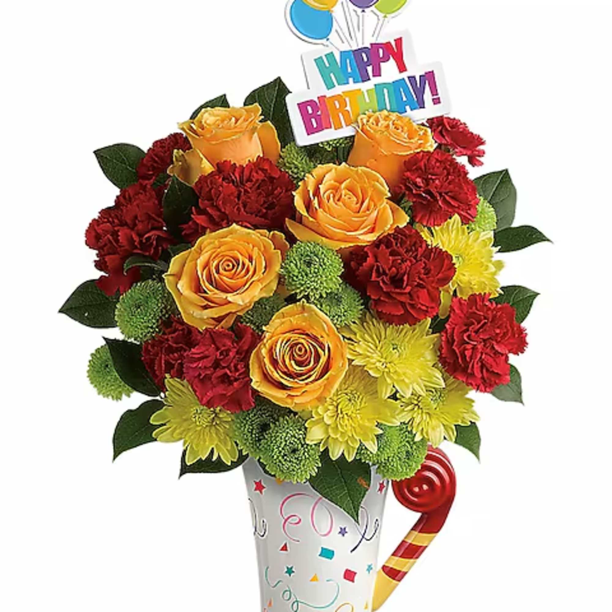 Birthday bouquet of orange roses, red carnations, and yellow mums in a decorated vase