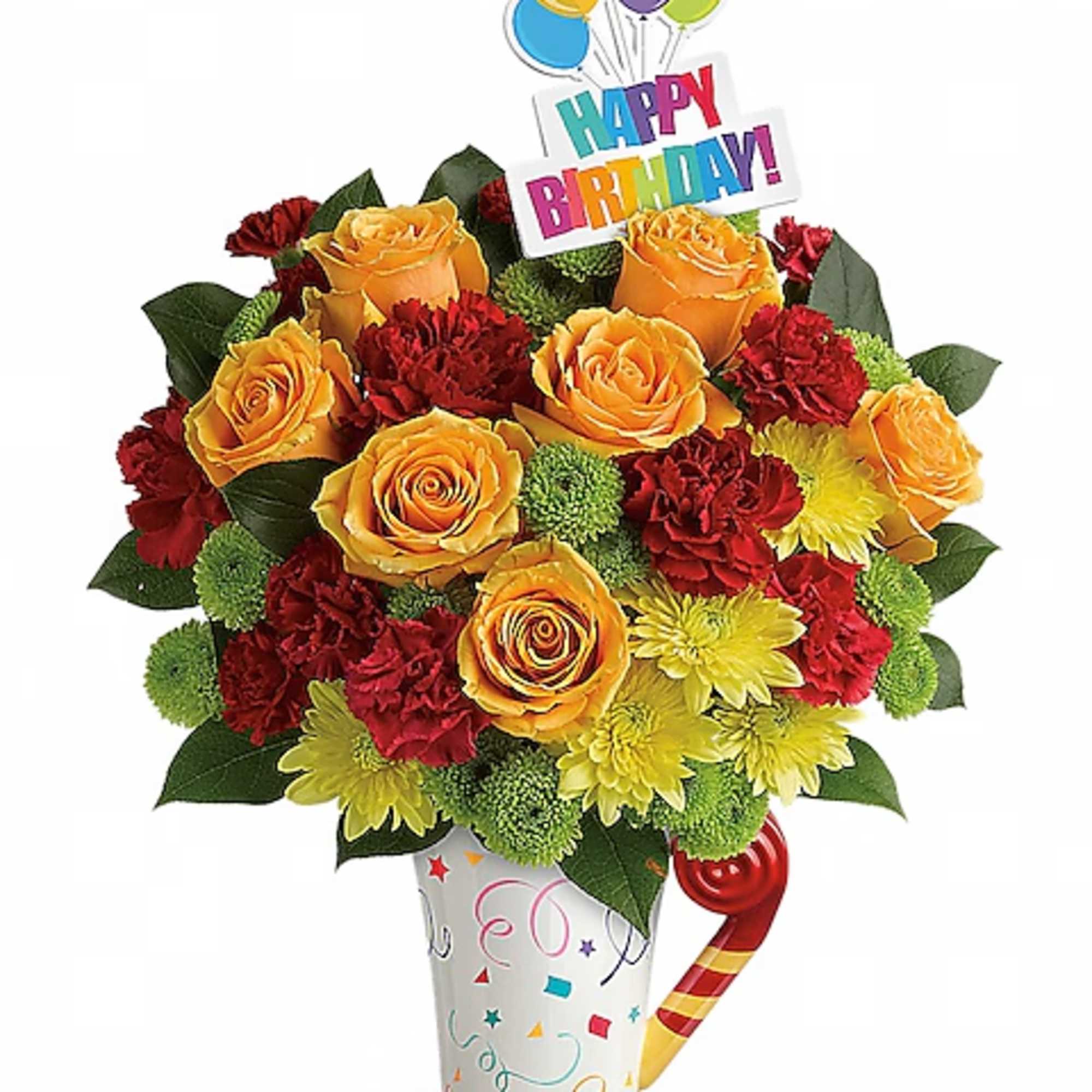 Birthday bouquet with roses, carnations, and a Happy Birthday topper in a decorated vase