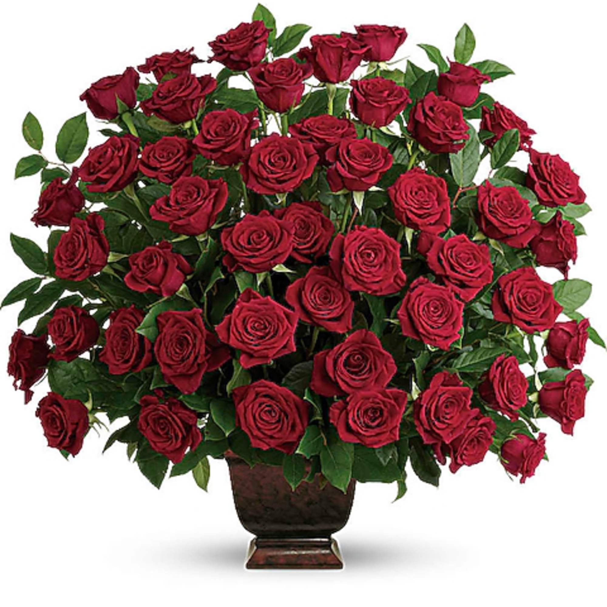 Large bouquet of red roses in a dark vase