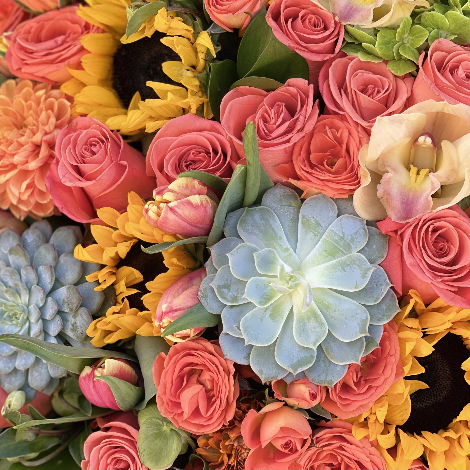 Close-up of pink roses, sunflowers, and succulents in a mixed bouquet
