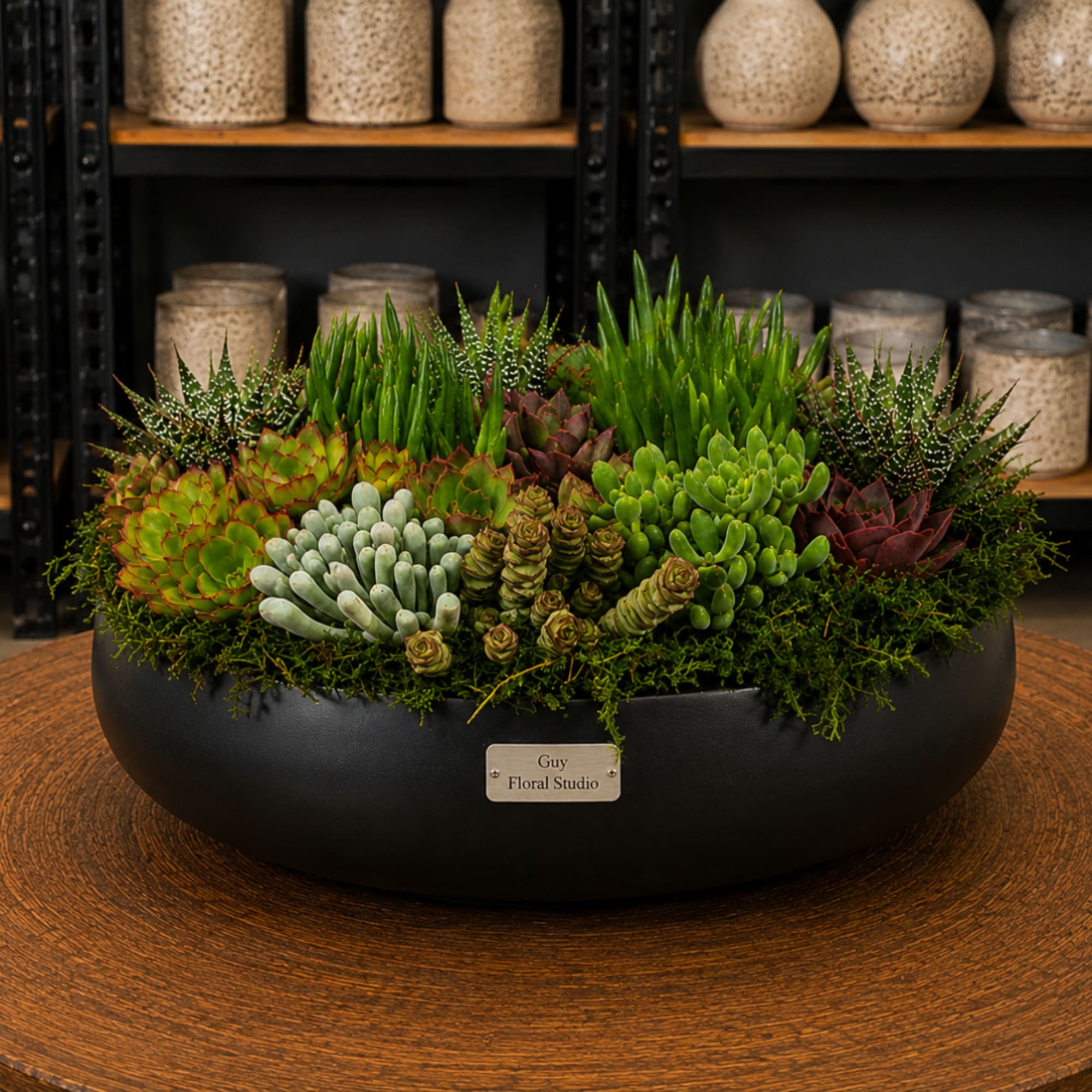 Succulent arrangement in a black oval planter on a wooden table