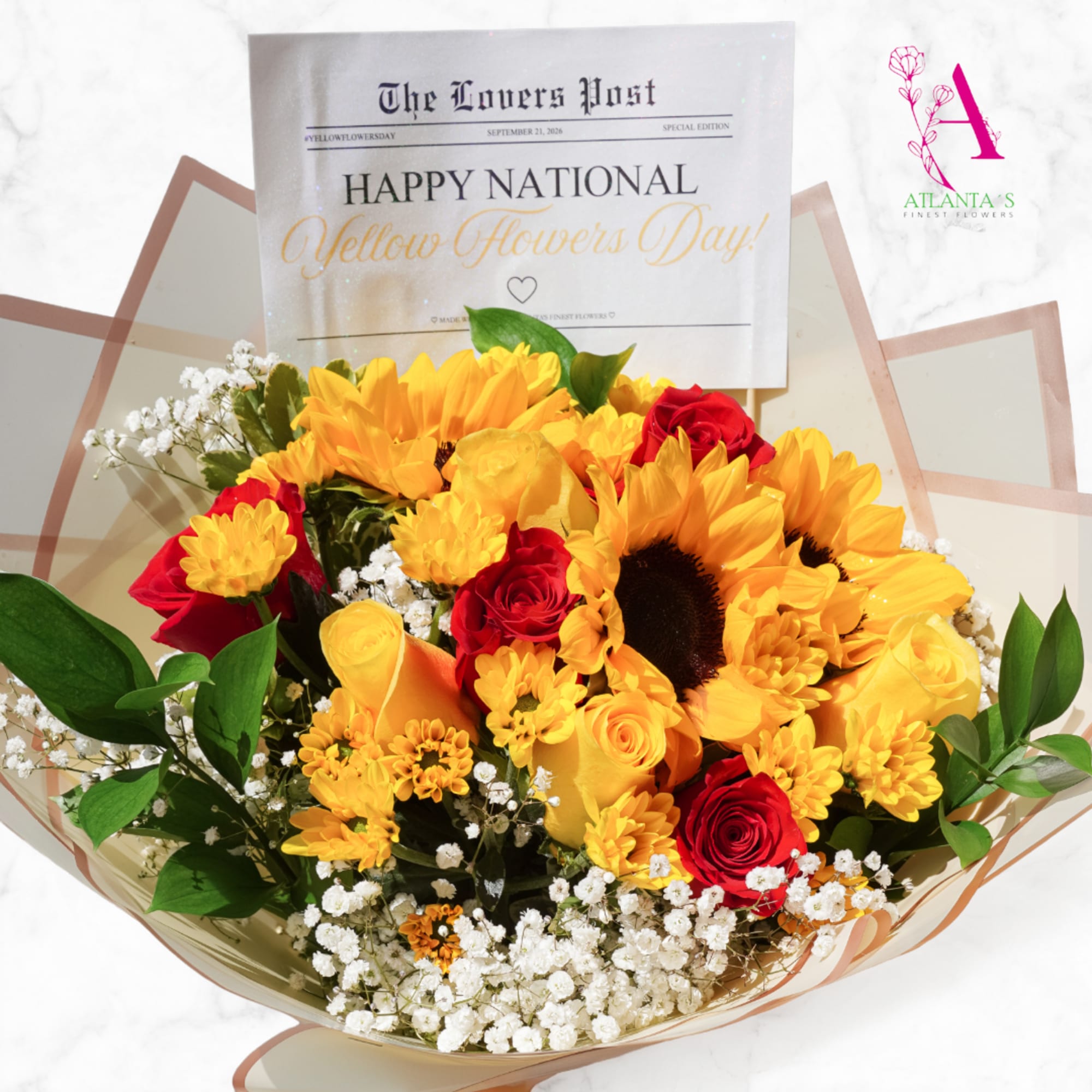Bouquet of yellow sunflowers and red roses with white filler flowers