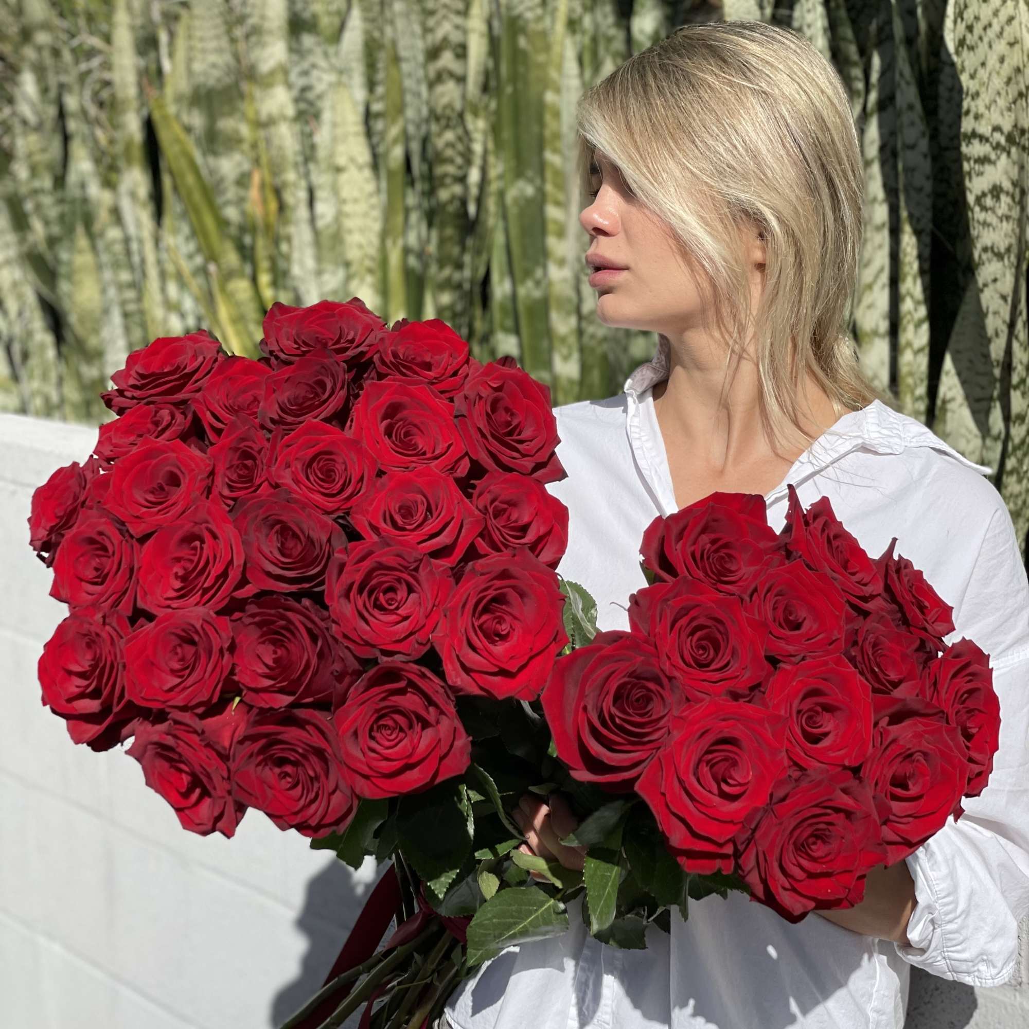 Woman holding two large bouquets of red roses, photo 8 of 15