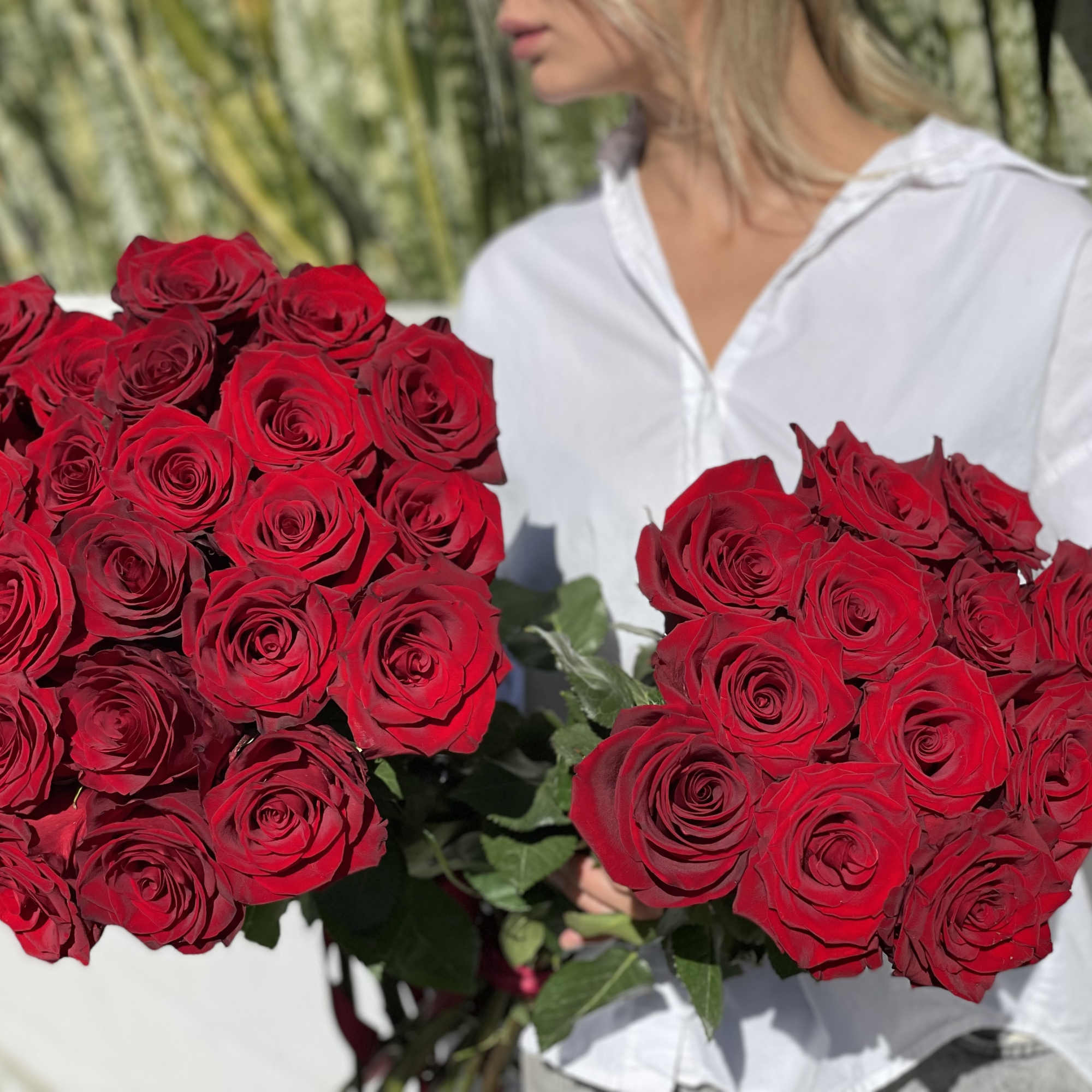 Woman holding two large bouquets of red roses, photo 9 of 15