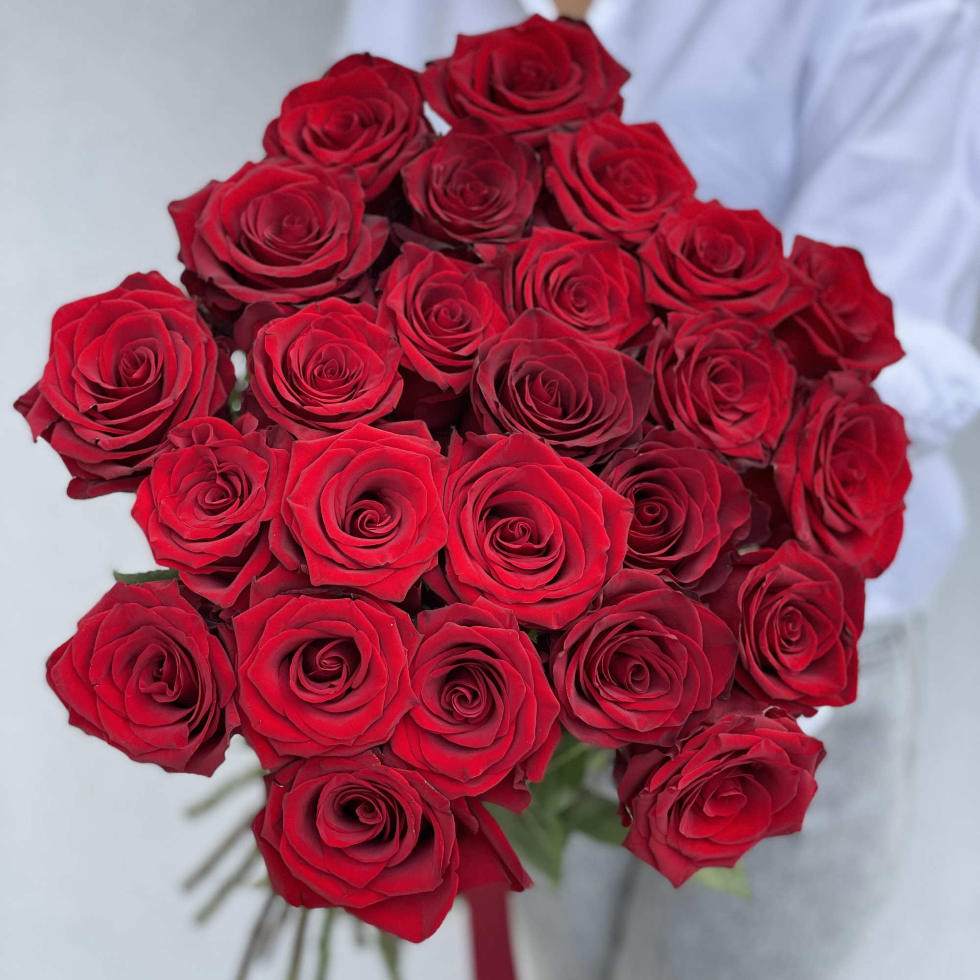 Bouquet of red roses held by a person in white clothing