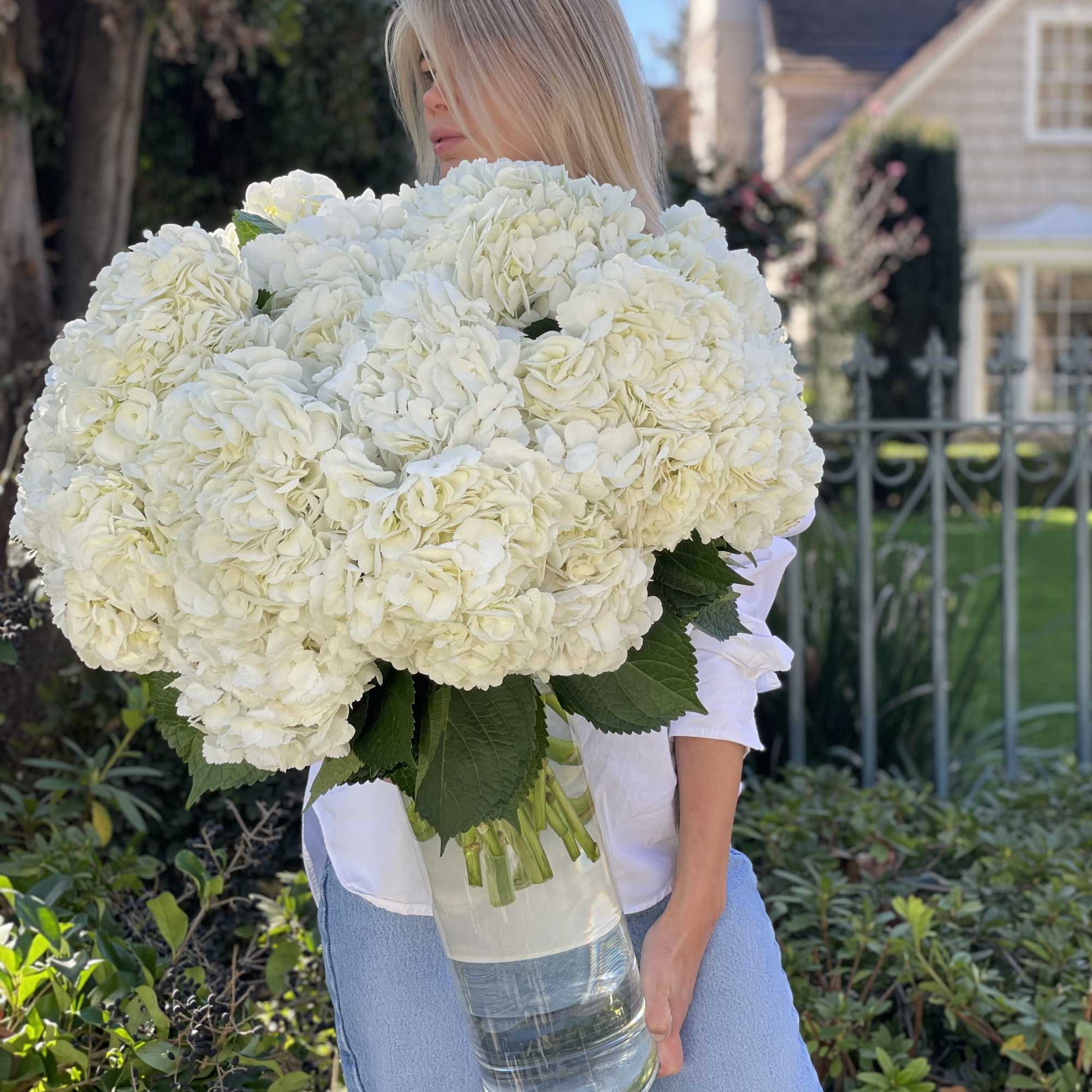 Large white hydrangea bouquet in a clear glass vase, photo 2 of 7