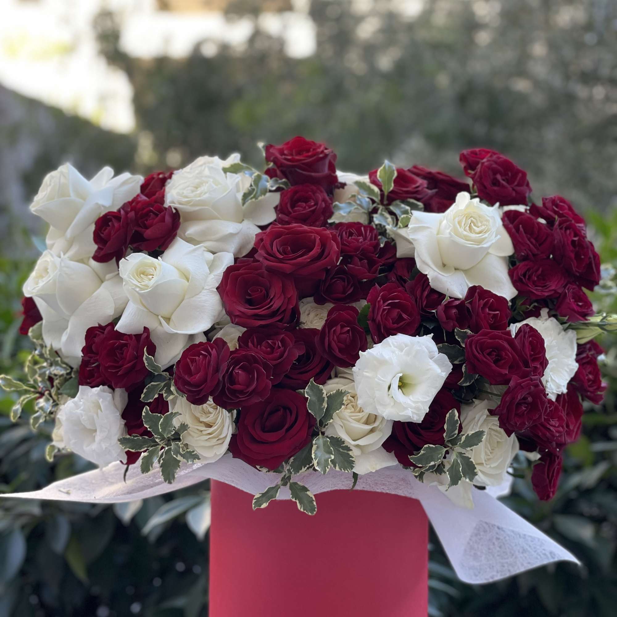 Red and white rose arrangement in a pink box