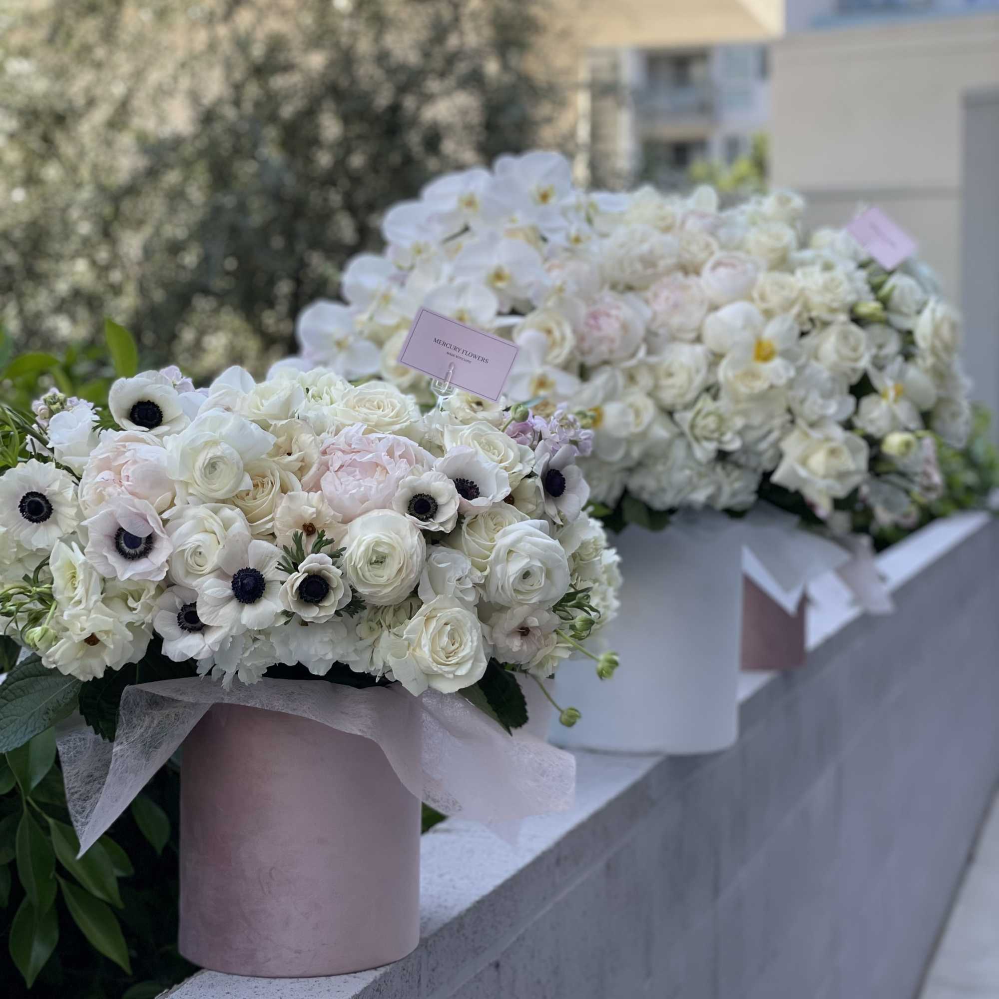White and blush floral arrangements in pink boxes on a ledge outdoors