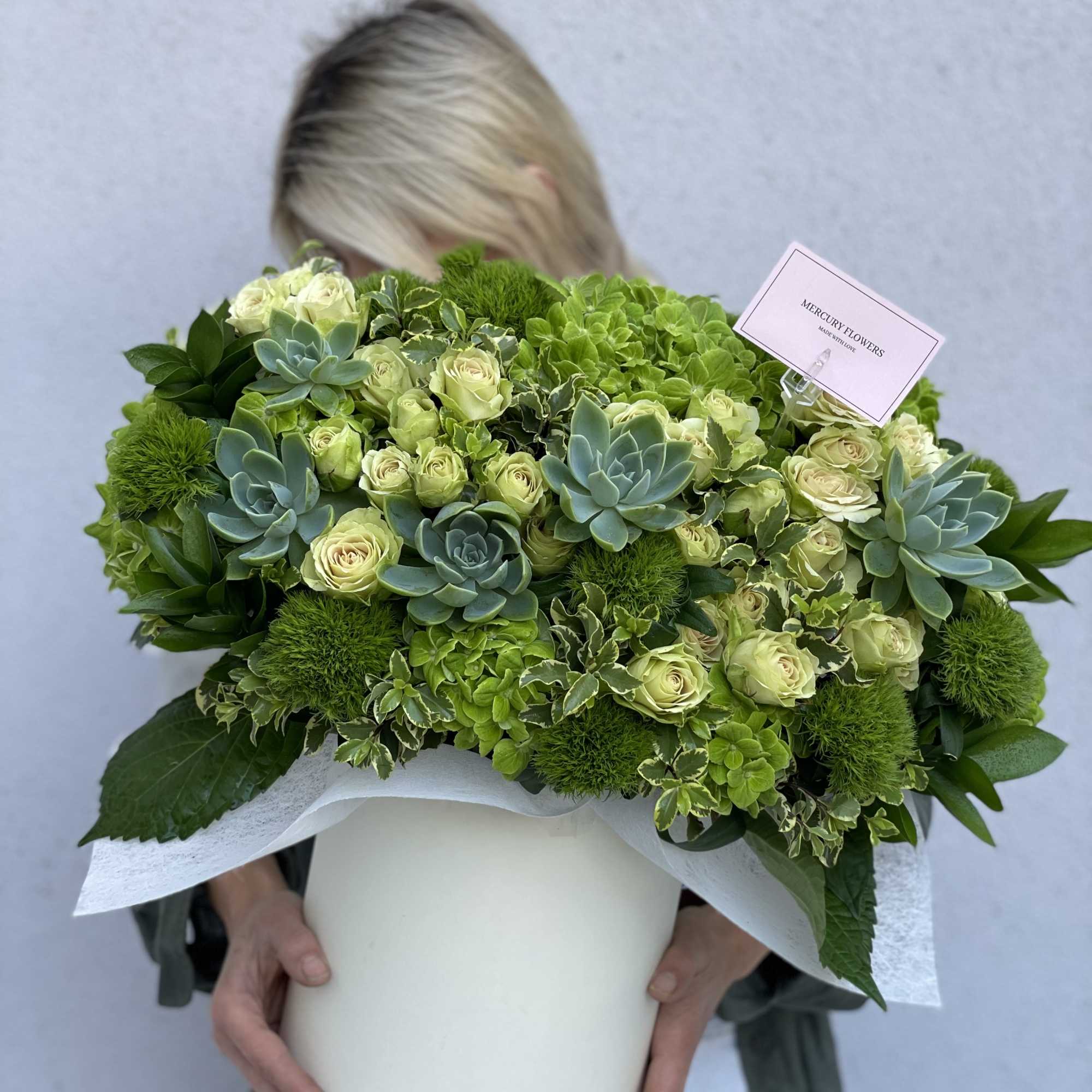 Large green bouquet with roses and succulents in a white box, photo 3 of 10