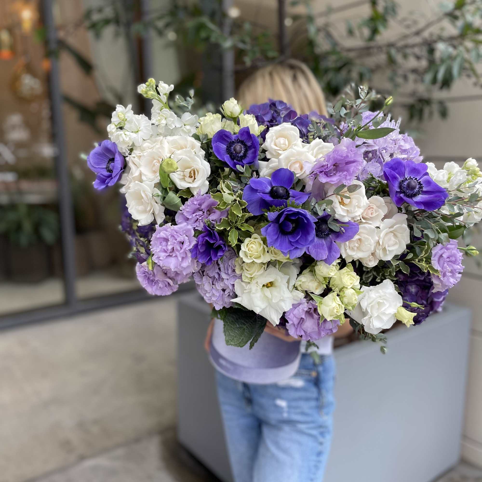 Large bouquet of purple, white, and lavender flowers