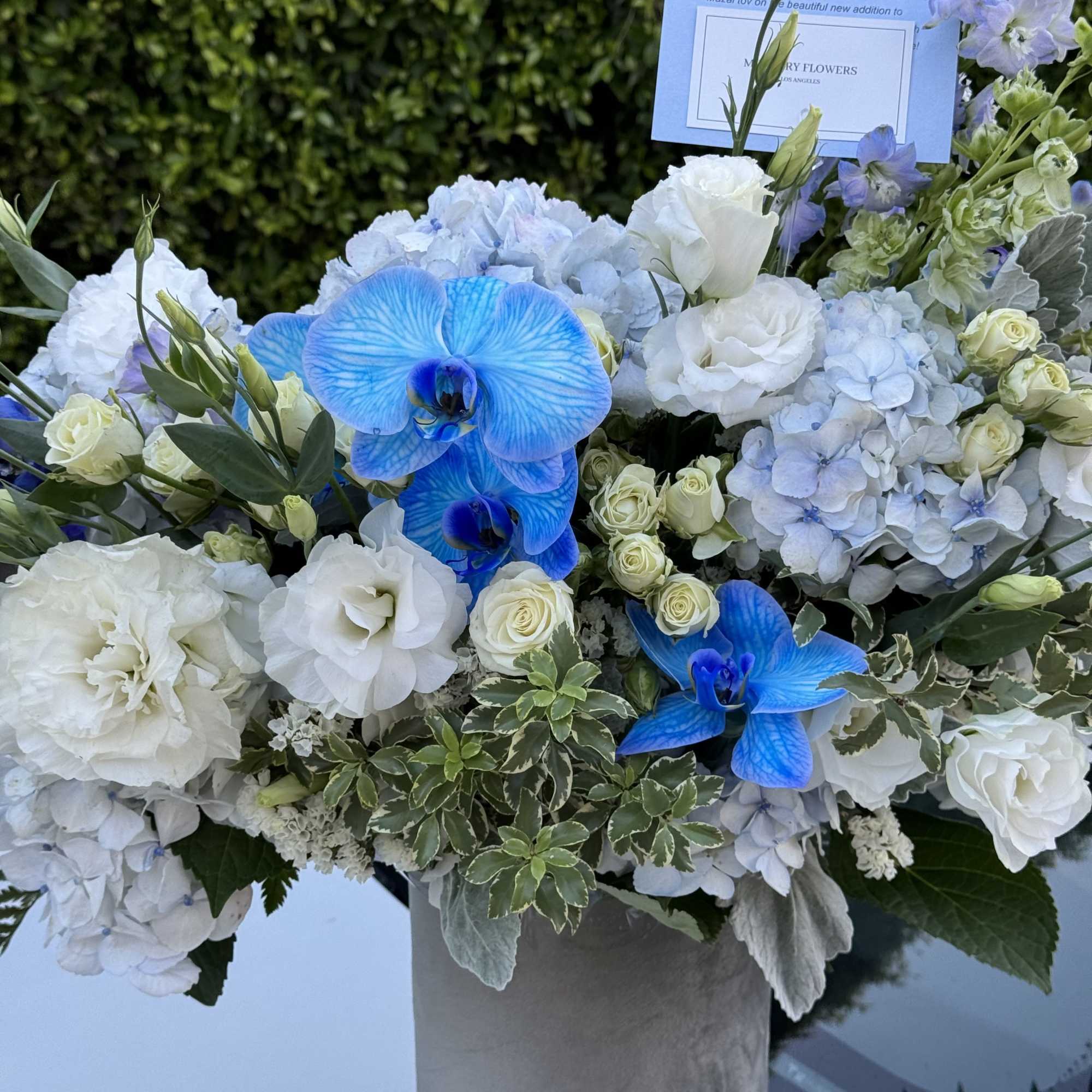 Blue orchids and white flowers arranged in a gray vase