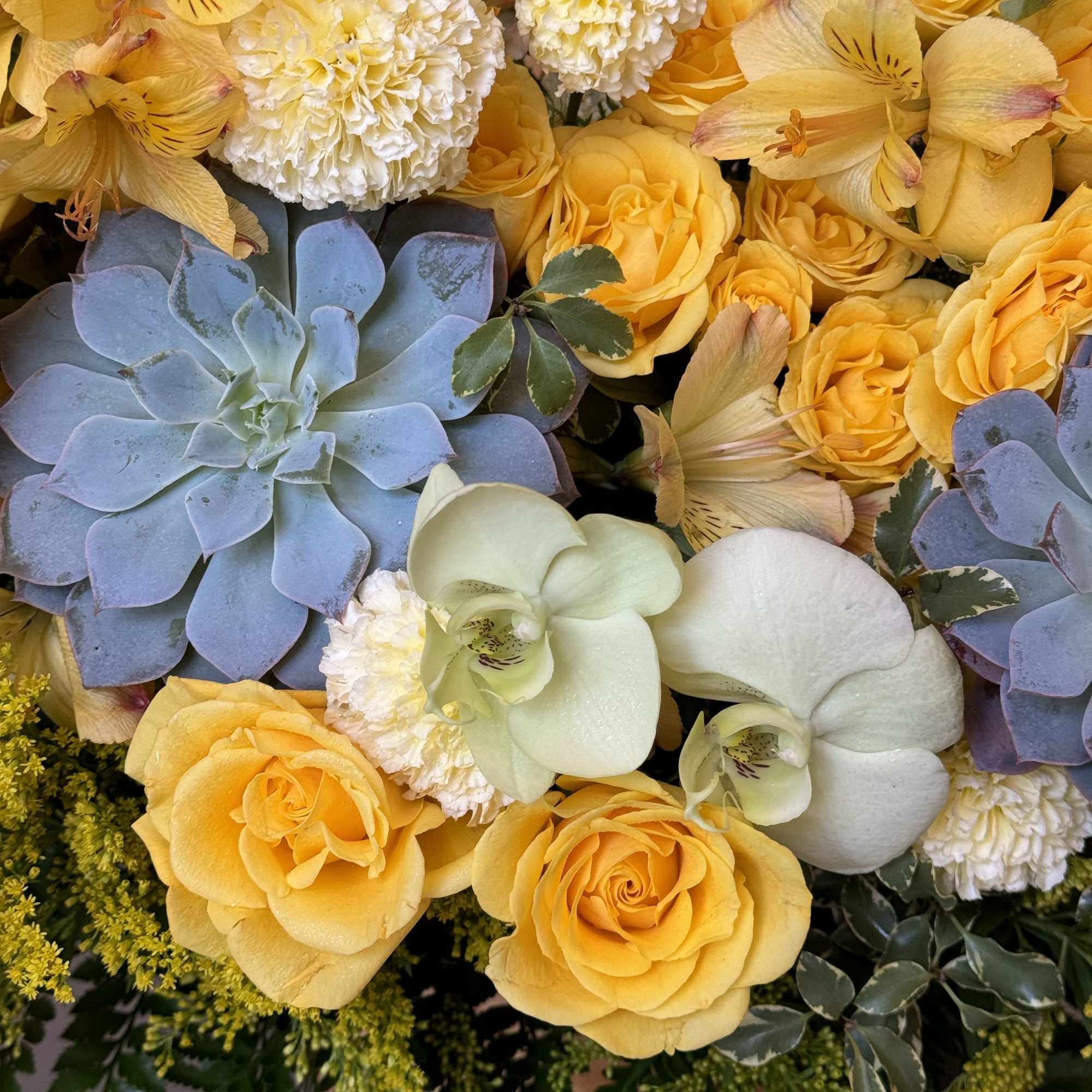 Yellow roses with white orchids and pale blue succulents