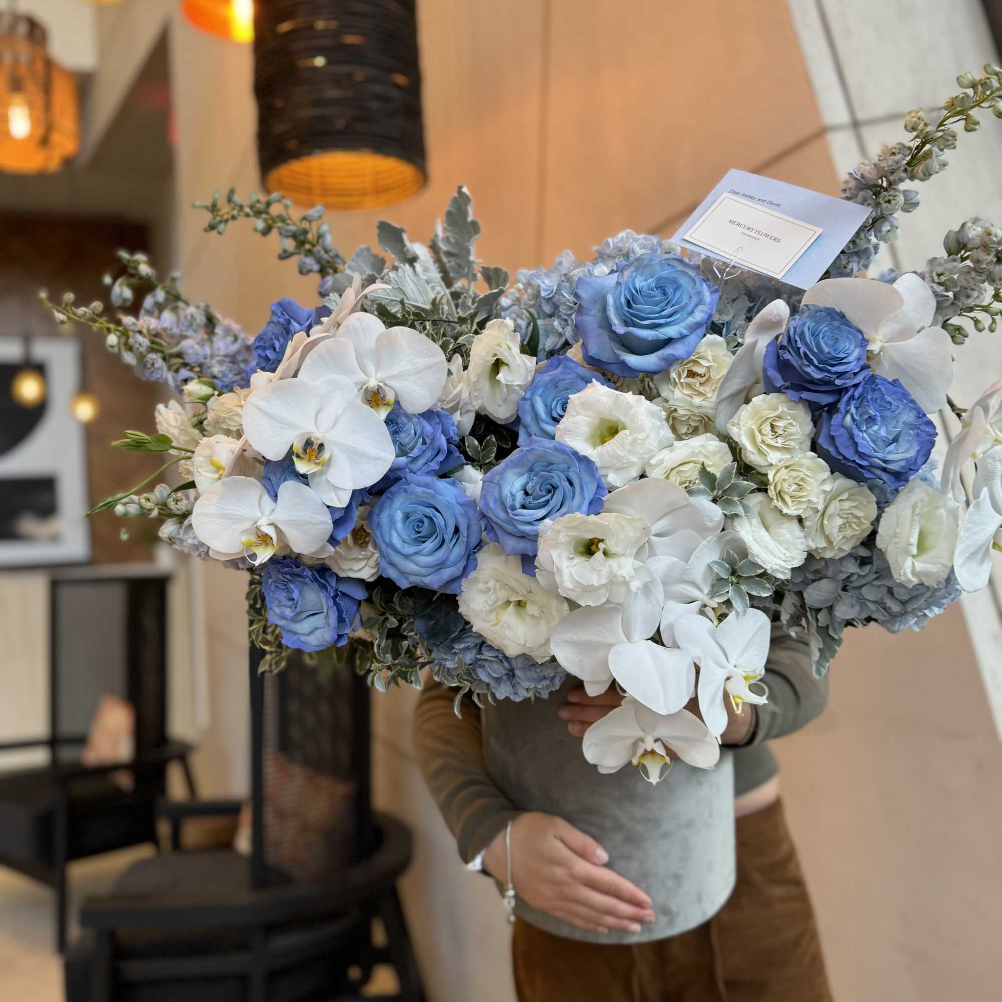 Large bouquet of blue and white roses with white orchids, photo 3 of 4