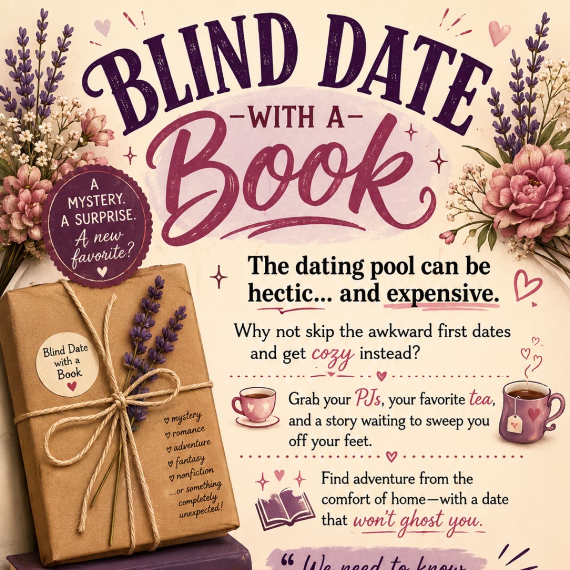 Promotional sign with flowers around a wrapped book gift and tea cups
