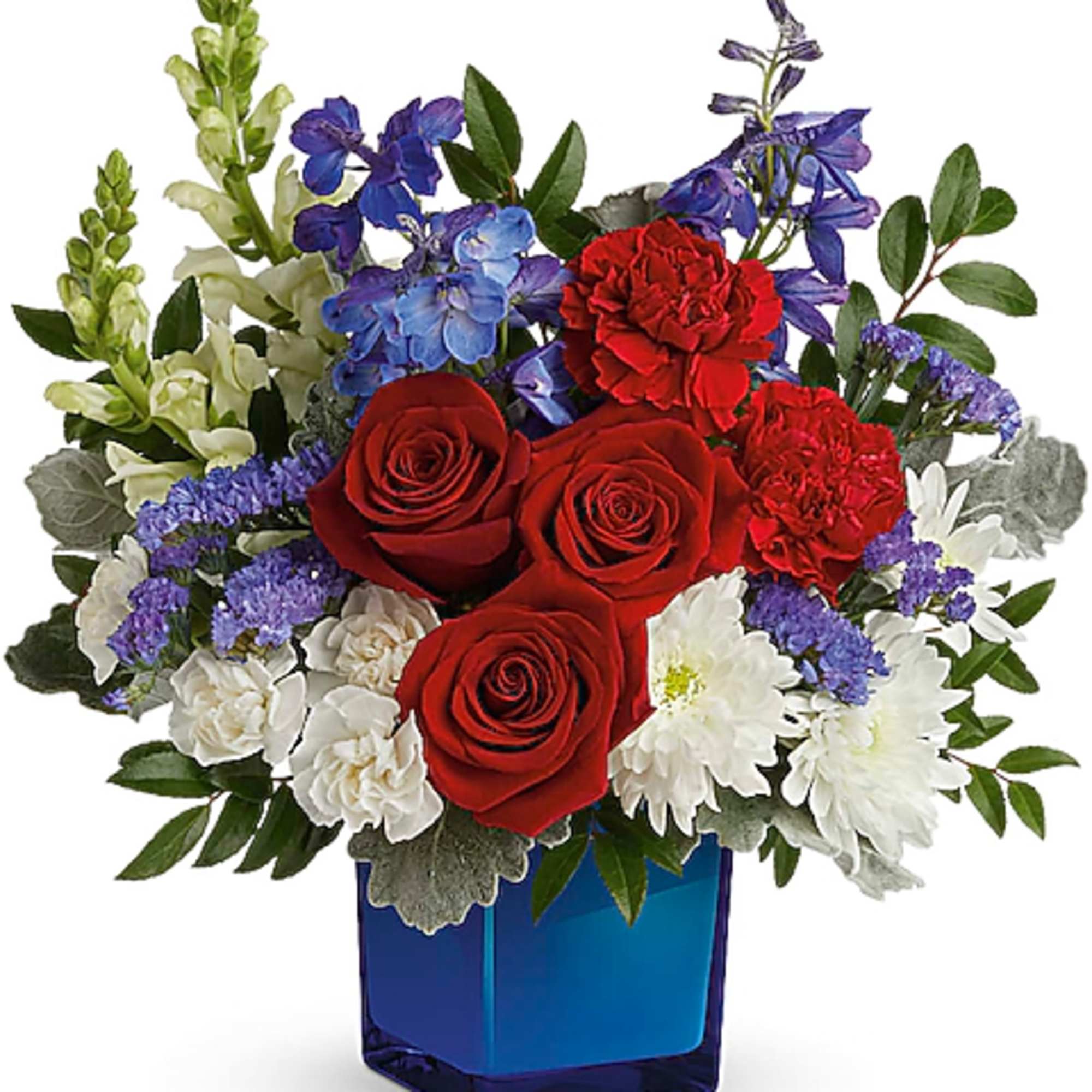 Red roses, white daisies, and purple flowers in a blue vase
