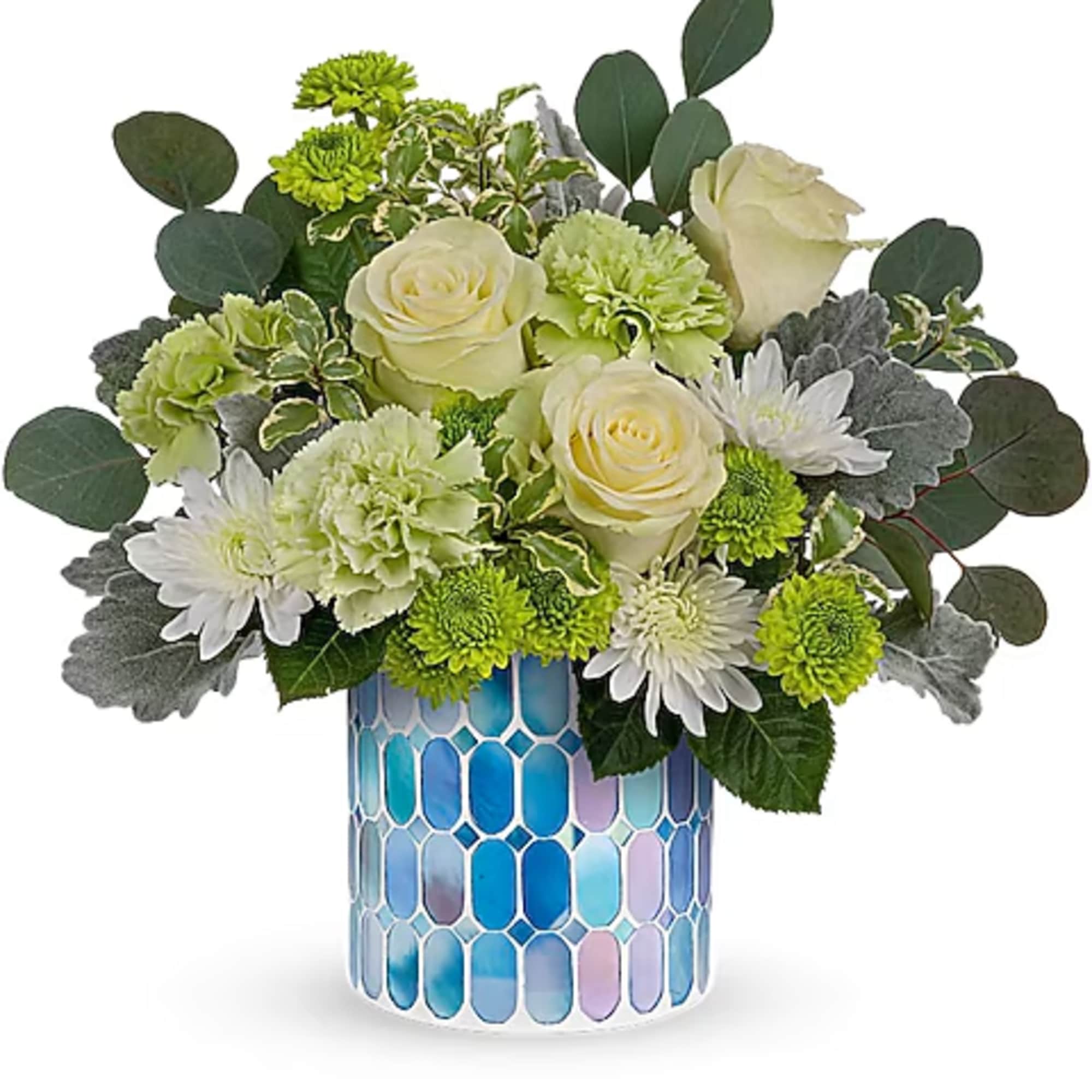 Cream roses and green-white mums in a blue mosaic vase