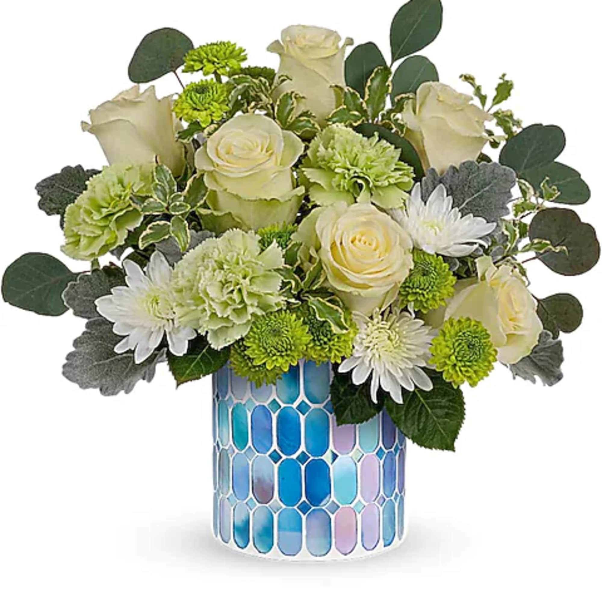 Cream roses and white daisies in a blue mosaic vase