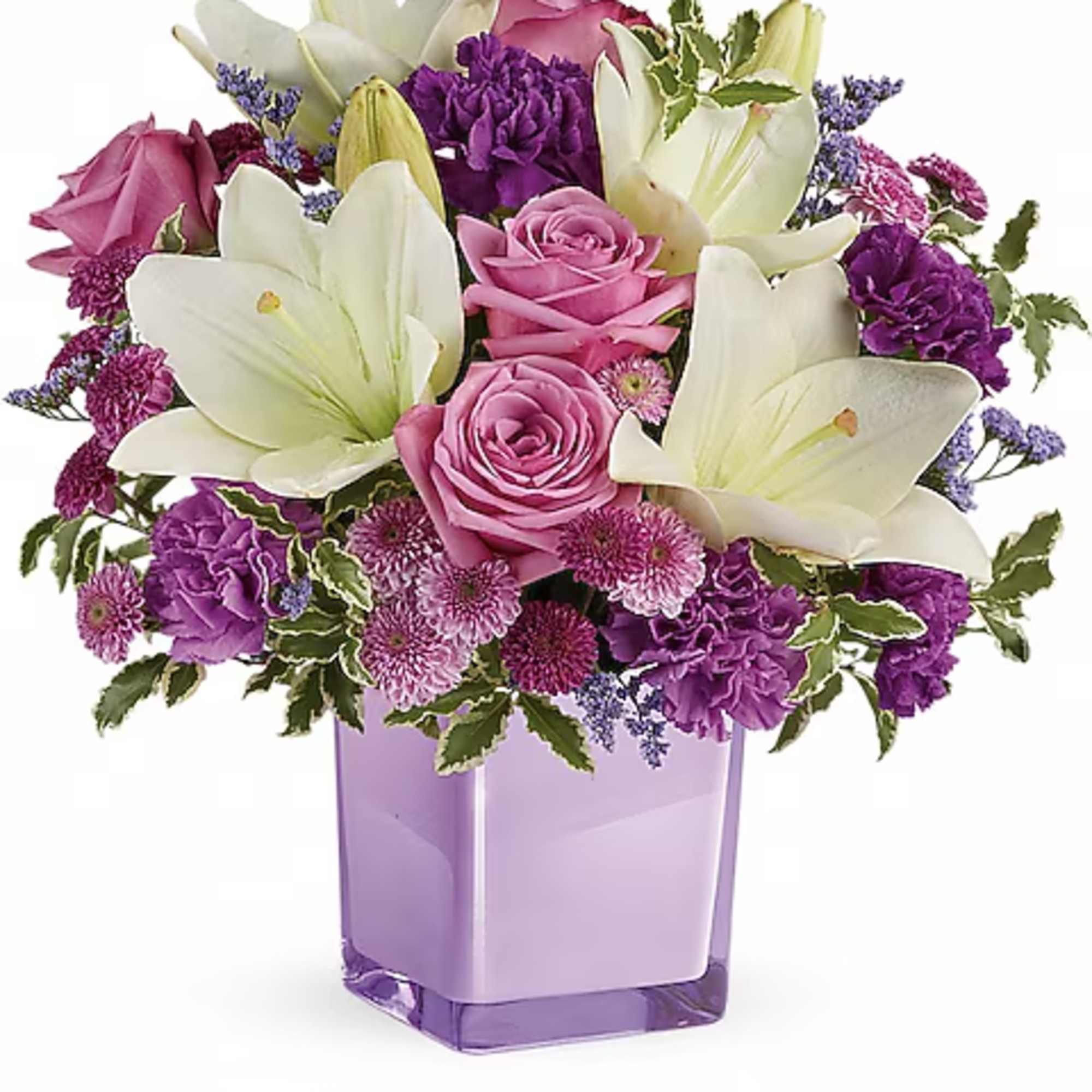 Pink roses and white lilies in a purple glass vase, photo 2 of 2