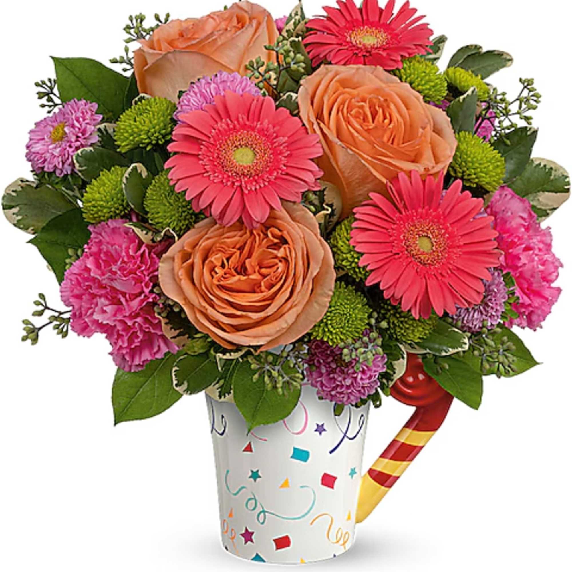 Bouquet of peach roses, pink gerbera daisies, and green button mums in a party cup vase
