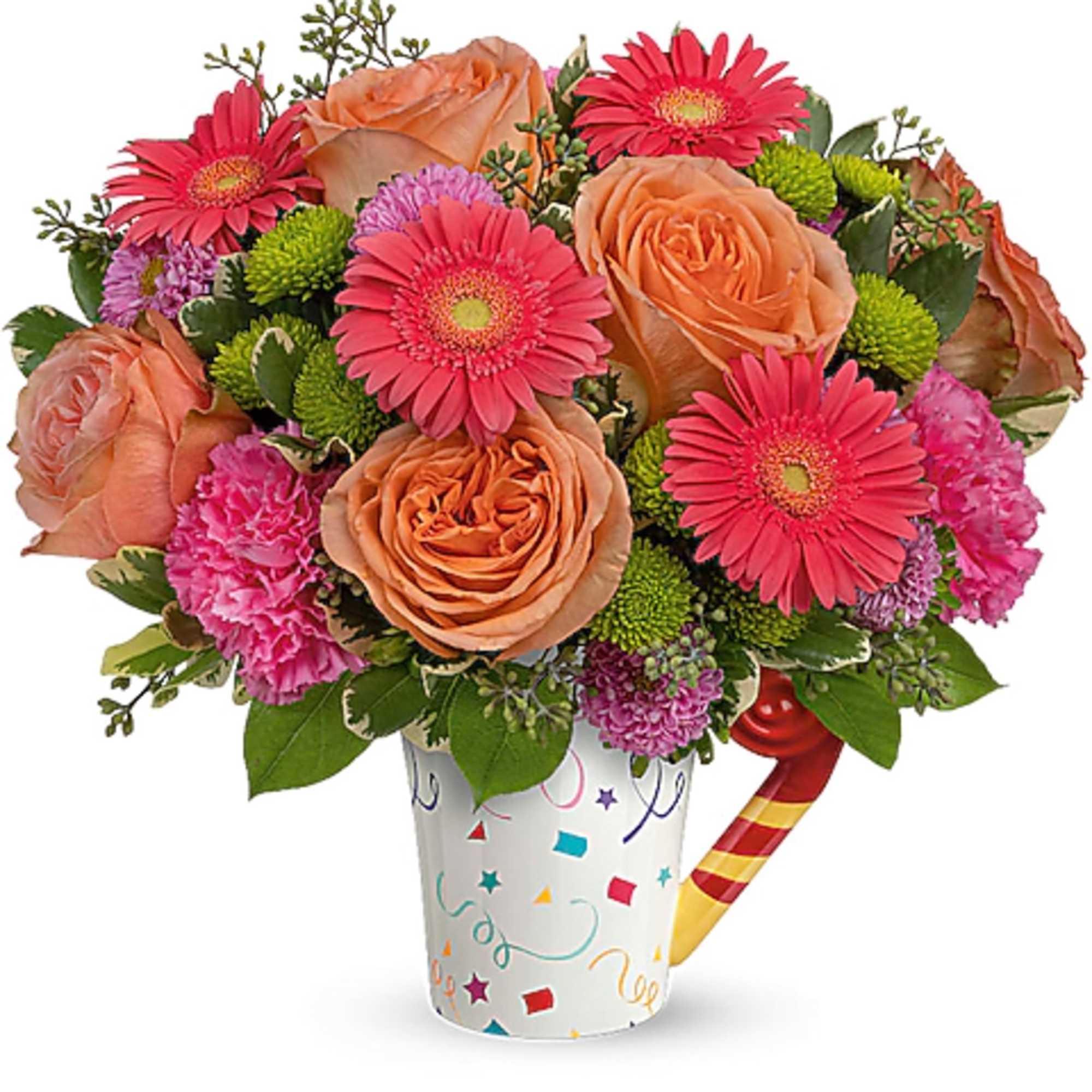 Bright bouquet of pink gerbera daisies, peach roses, and carnations in a confetti mug