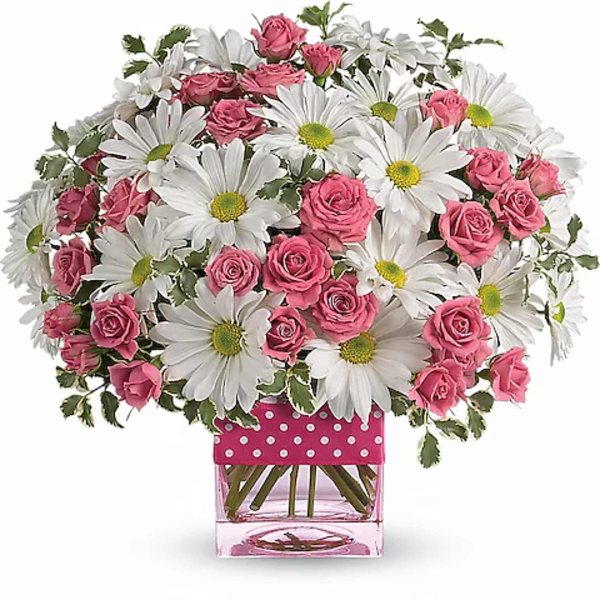 Pink roses and white daisies in a square glass vase