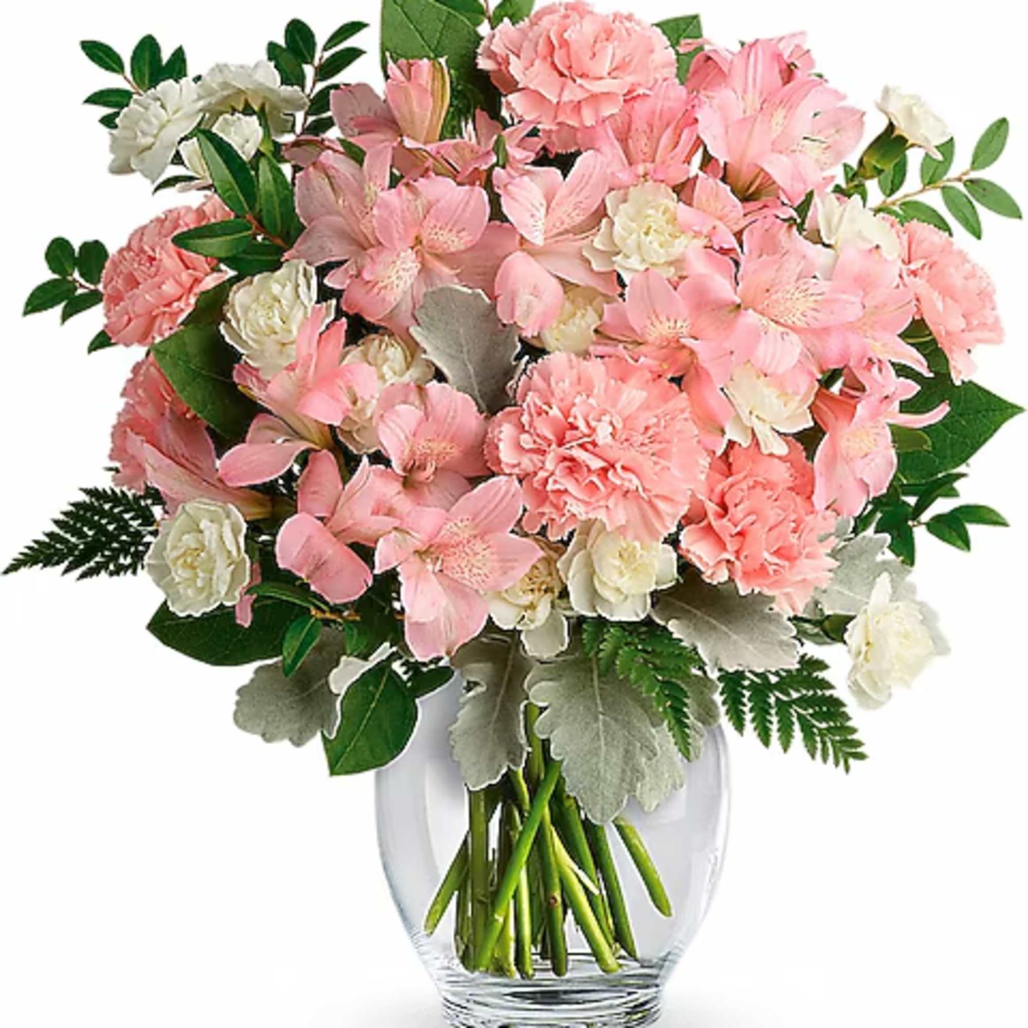 Pink and white mixed bouquet in a clear glass vase
