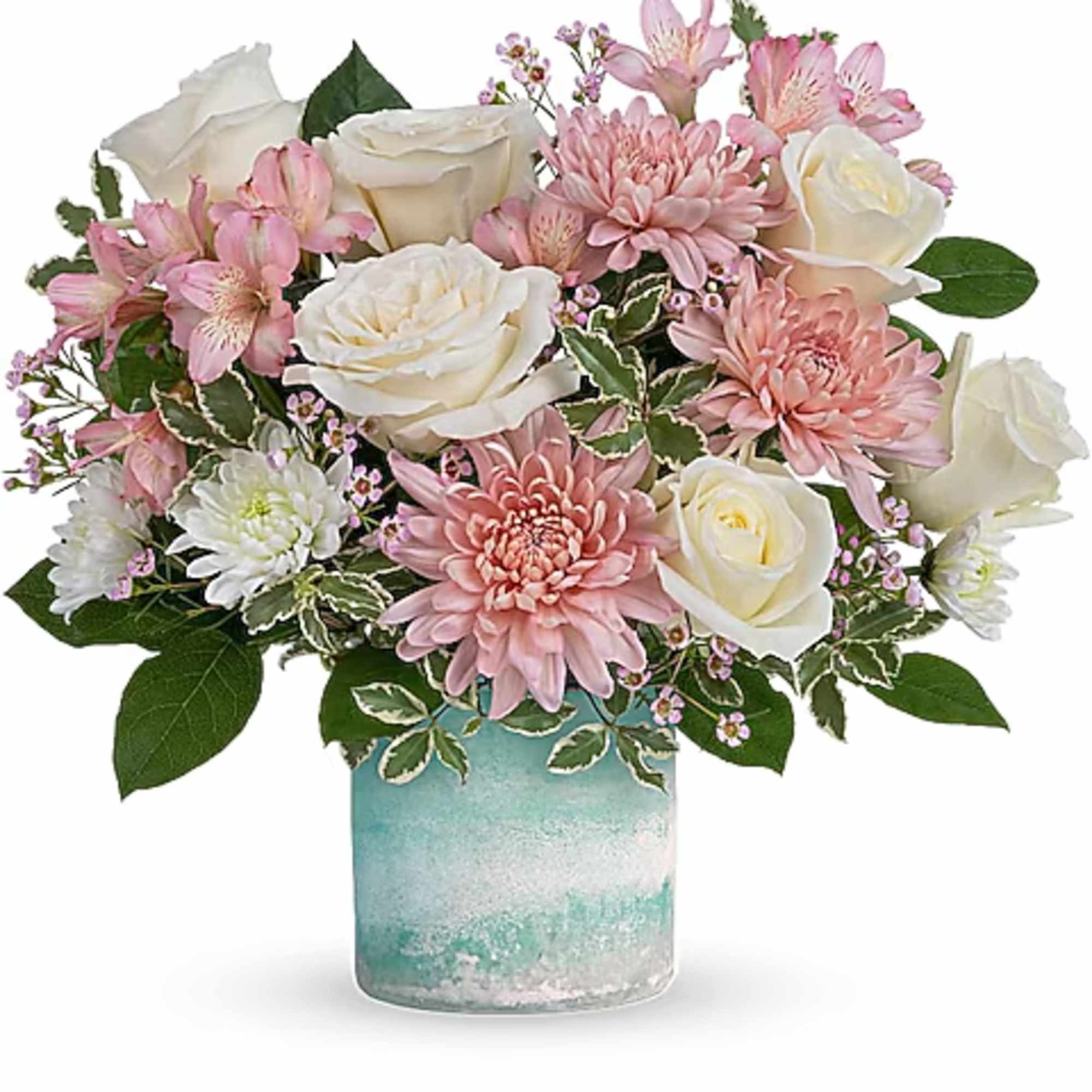 Pink and white flowers arranged in a blue glass vase