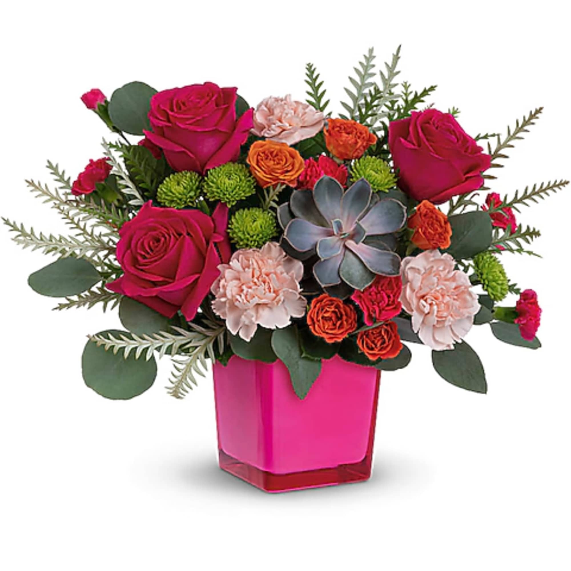 Pink roses and carnations in a bright pink vase with a succulent accent