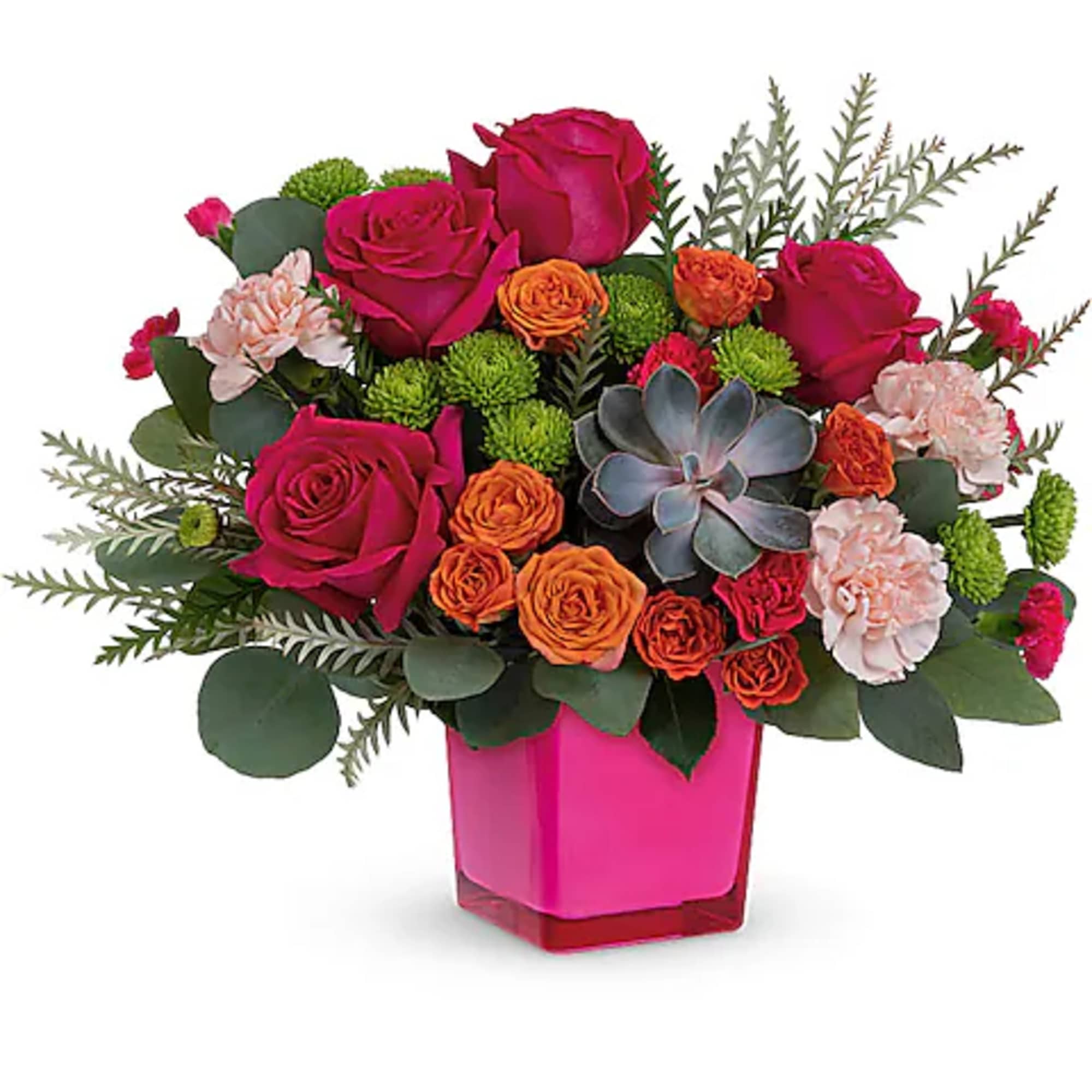 Bouquet of pink and orange roses in a bright pink vase