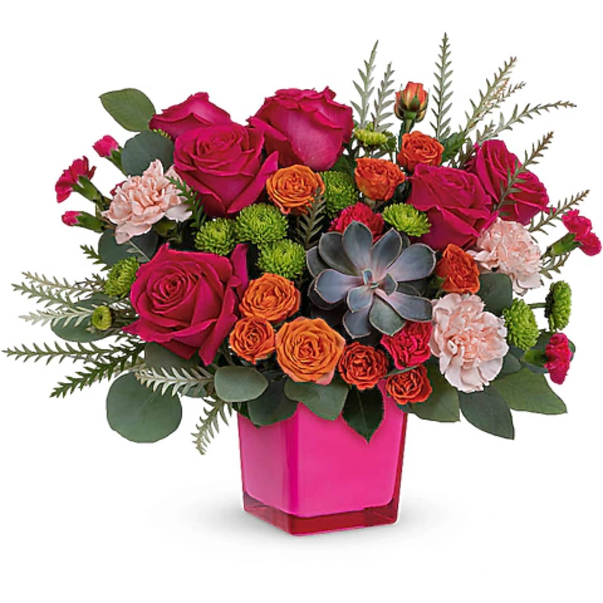 Bouquet of pink and orange roses in a bright pink vase