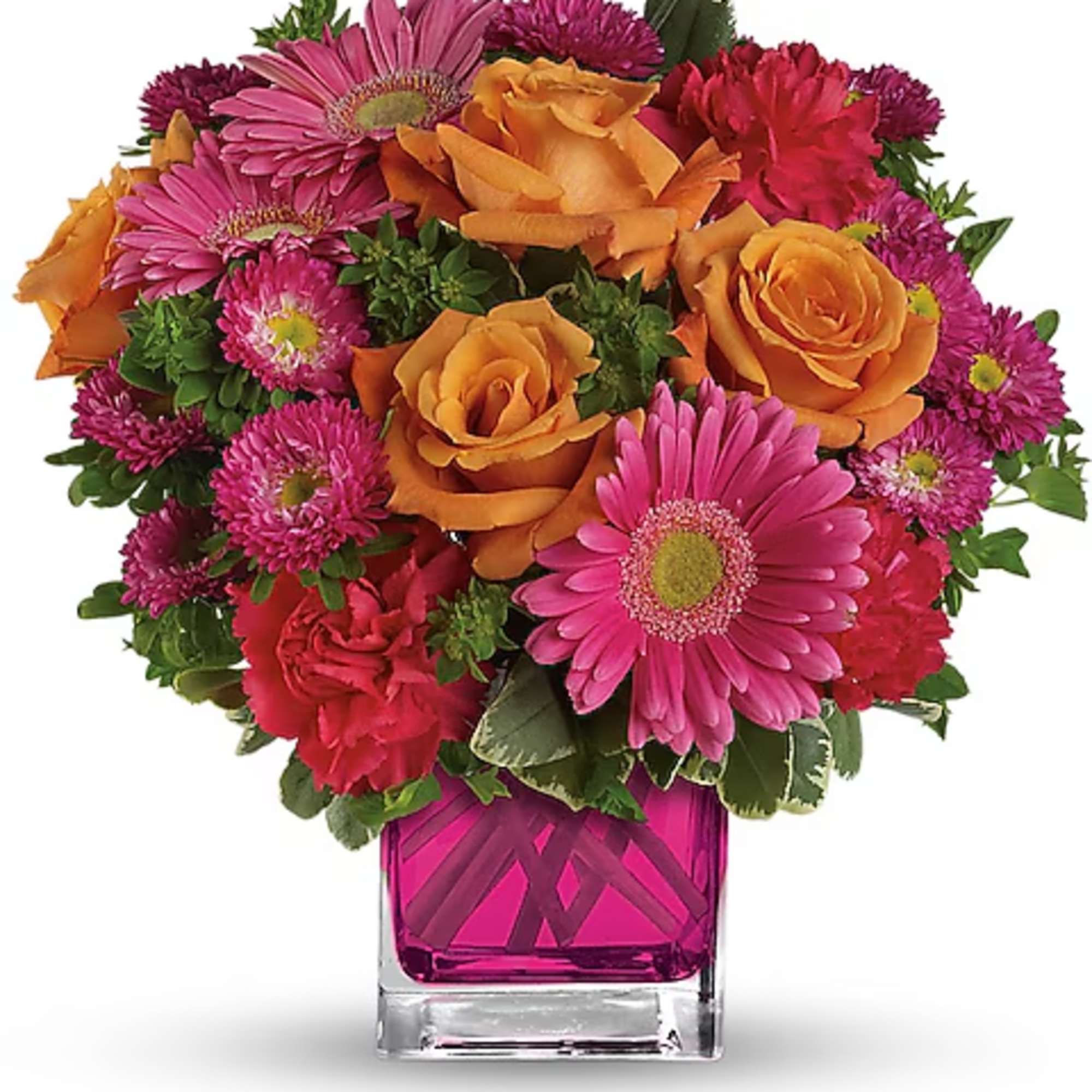 Pink and orange mixed bouquet in a magenta glass vase