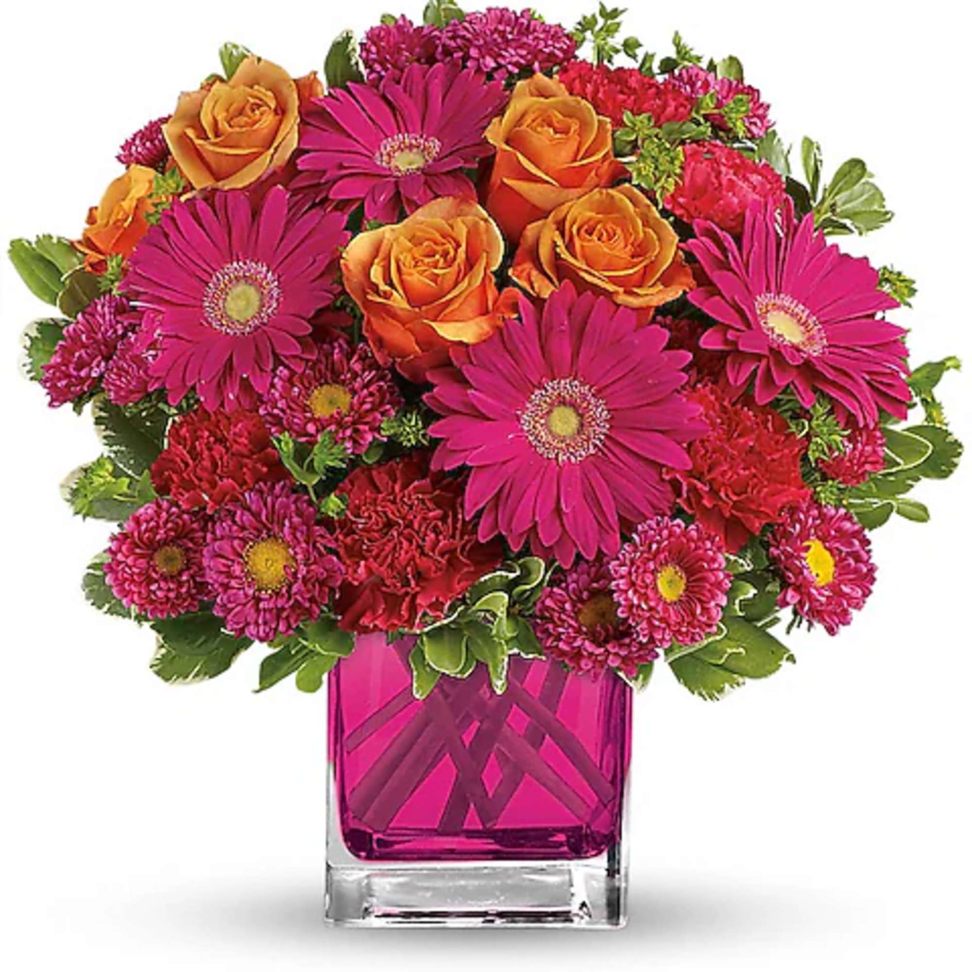 Pink gerbera daisies and orange roses in a square glass vase
