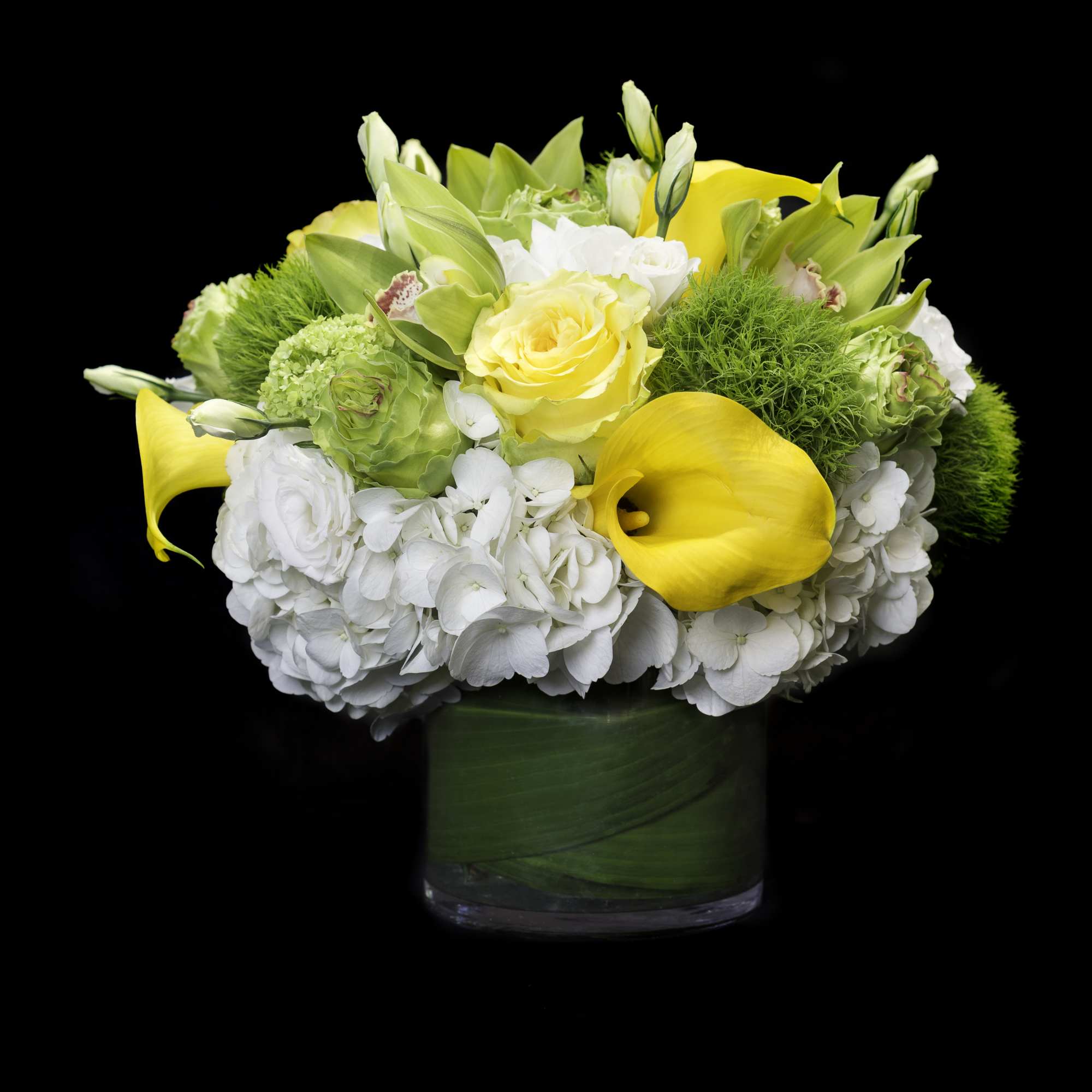 Scrumptious South American hydrangea, classic Lemon roses, green dianthus and market fresh