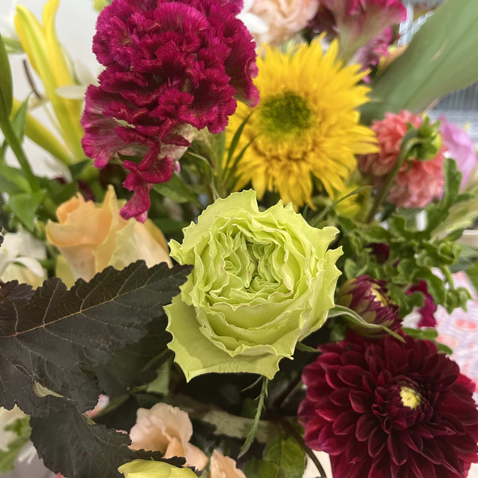 Mixed bouquet with bright green, magenta, yellow, and burgundy flowers