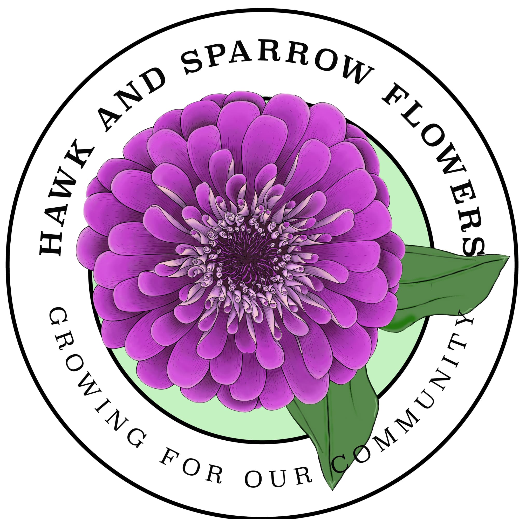 Purple flower logo with circular text and green leaves