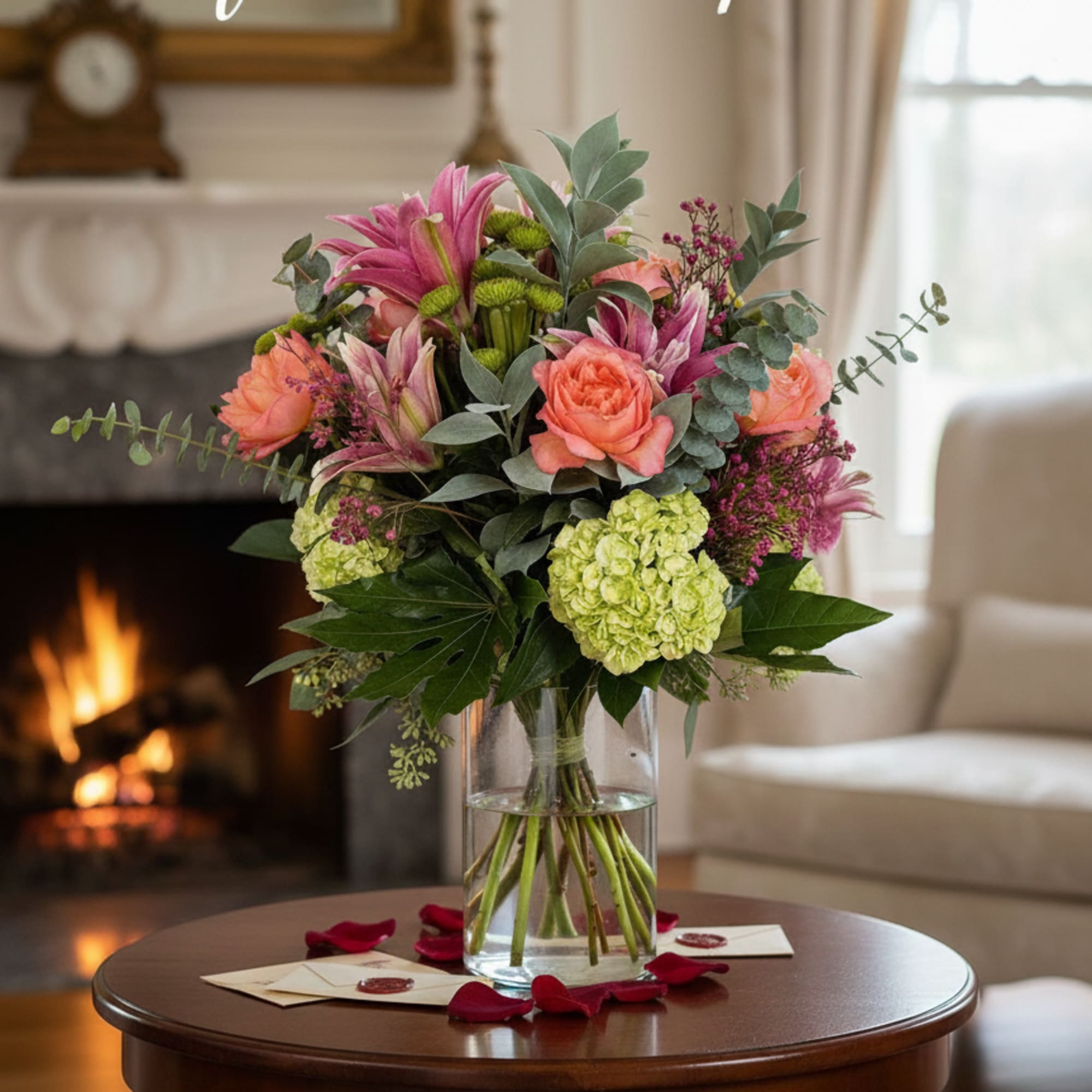 Bouquet of pink and coral flowers in a clear glass vase