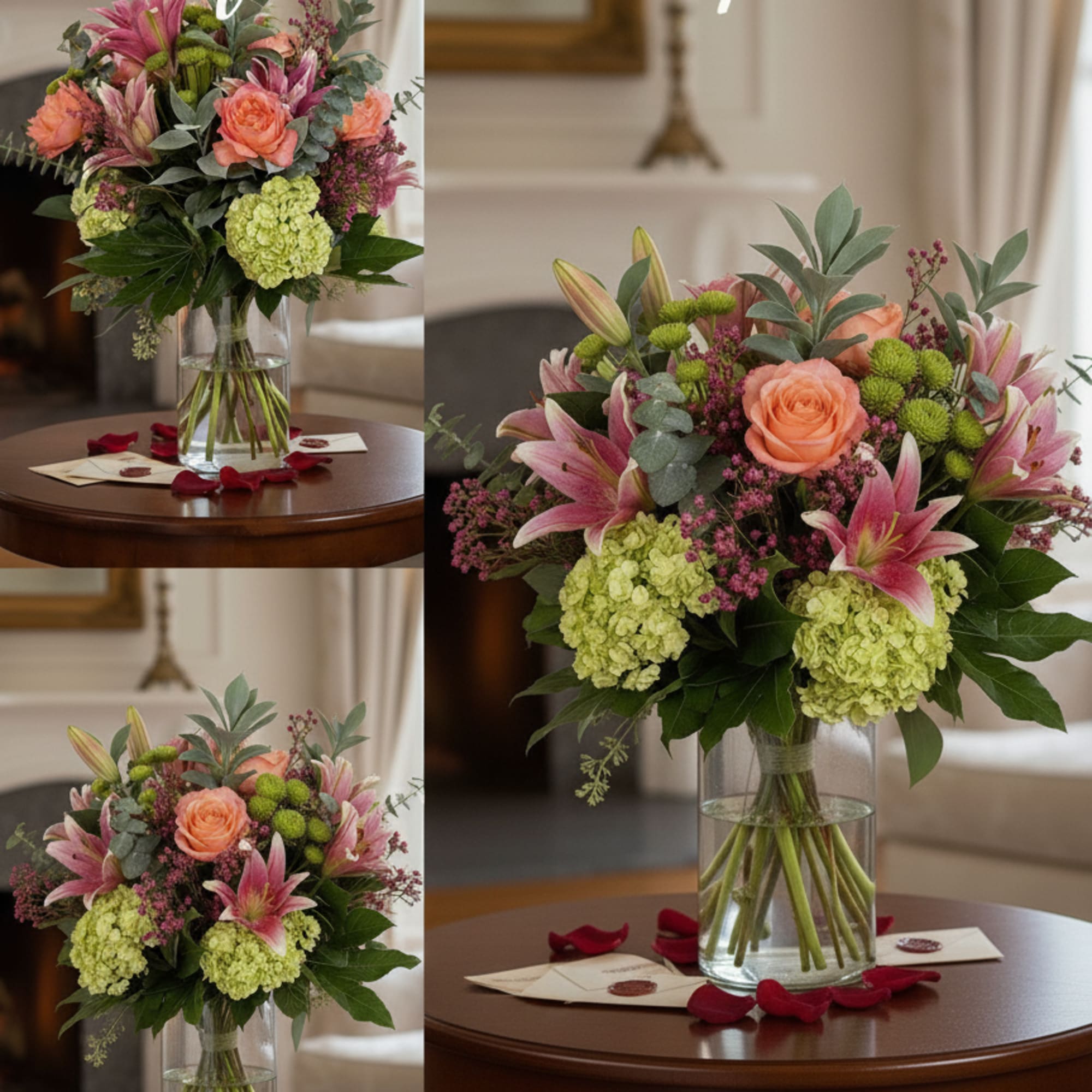 Bouquet of pink lilies, peach roses, and green hydrangeas in a glass vase
