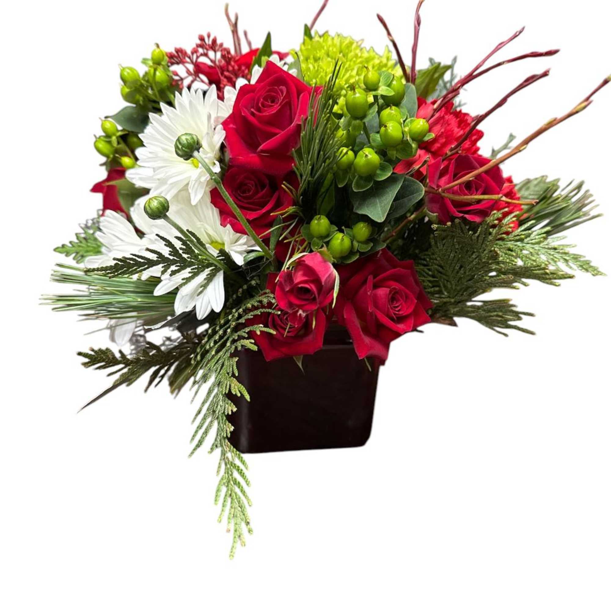 Red roses and white daisies in a black square vase