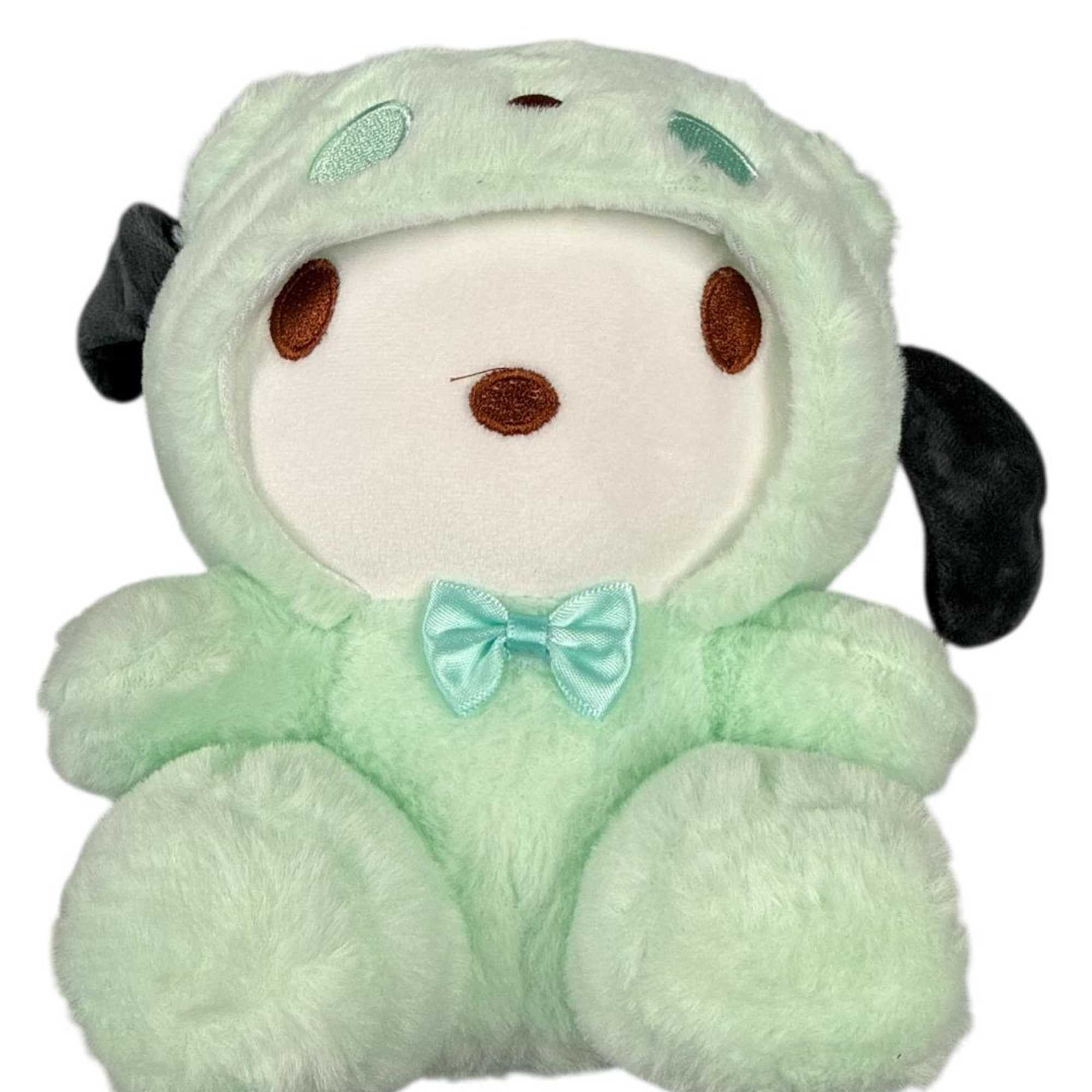 Mint green plush dog with a blue bow
